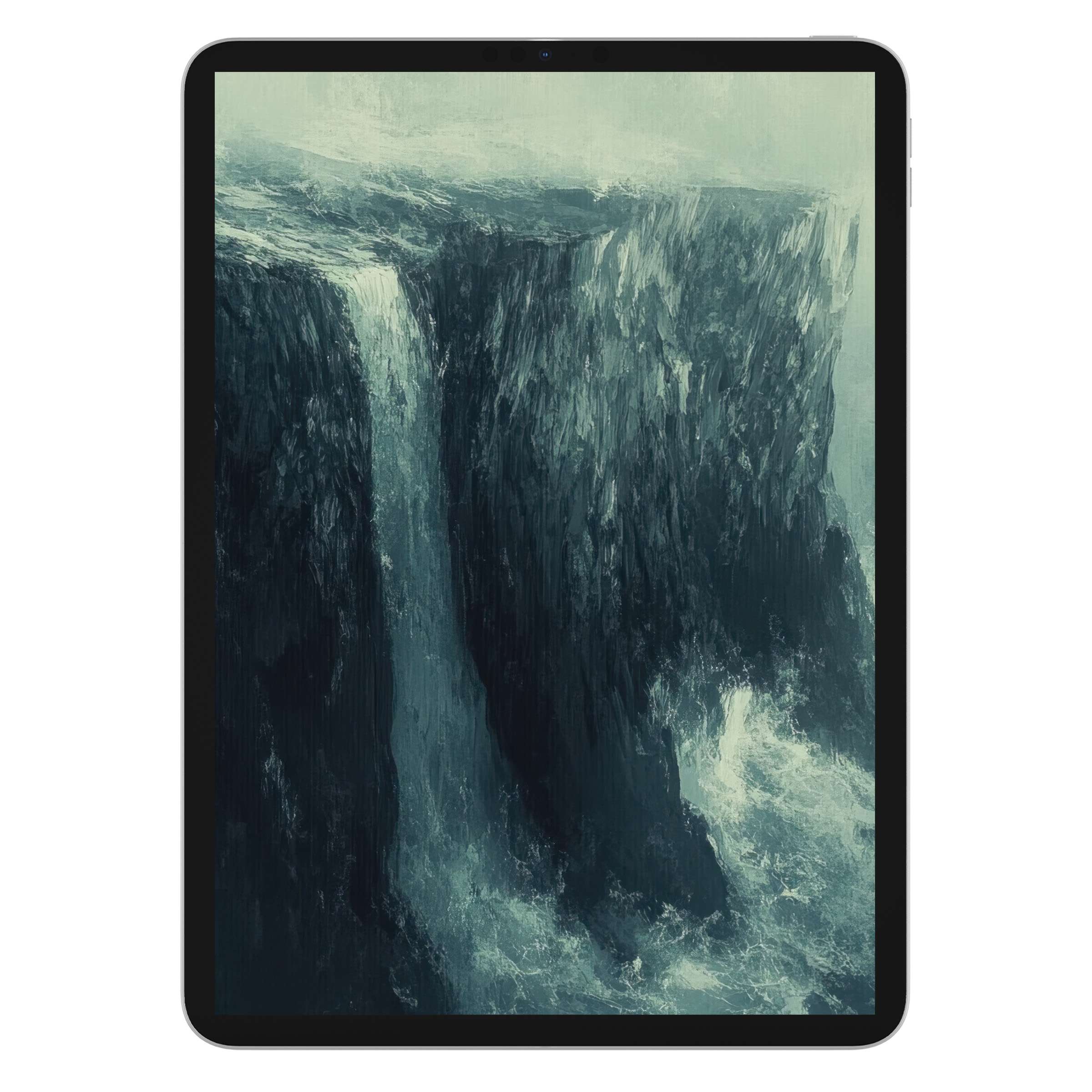 Serene coastal iPad wallpaper features an abstract sea cliff with cascading waves, perfect digital download for tablet backgrounds