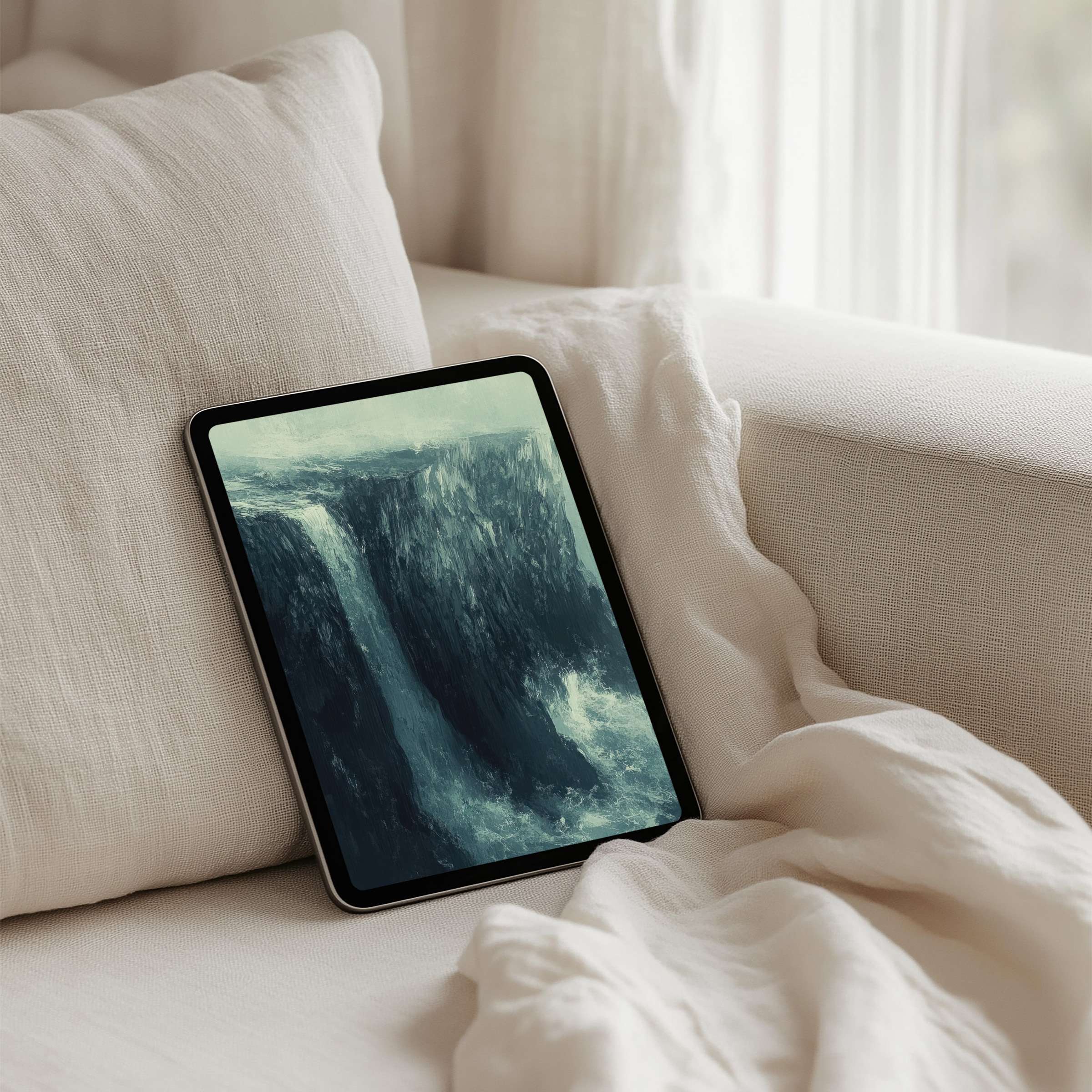 Elegant waterfall painting as iPad background for instant download on tablet, inspiring calm and mindfulness in serene interiors