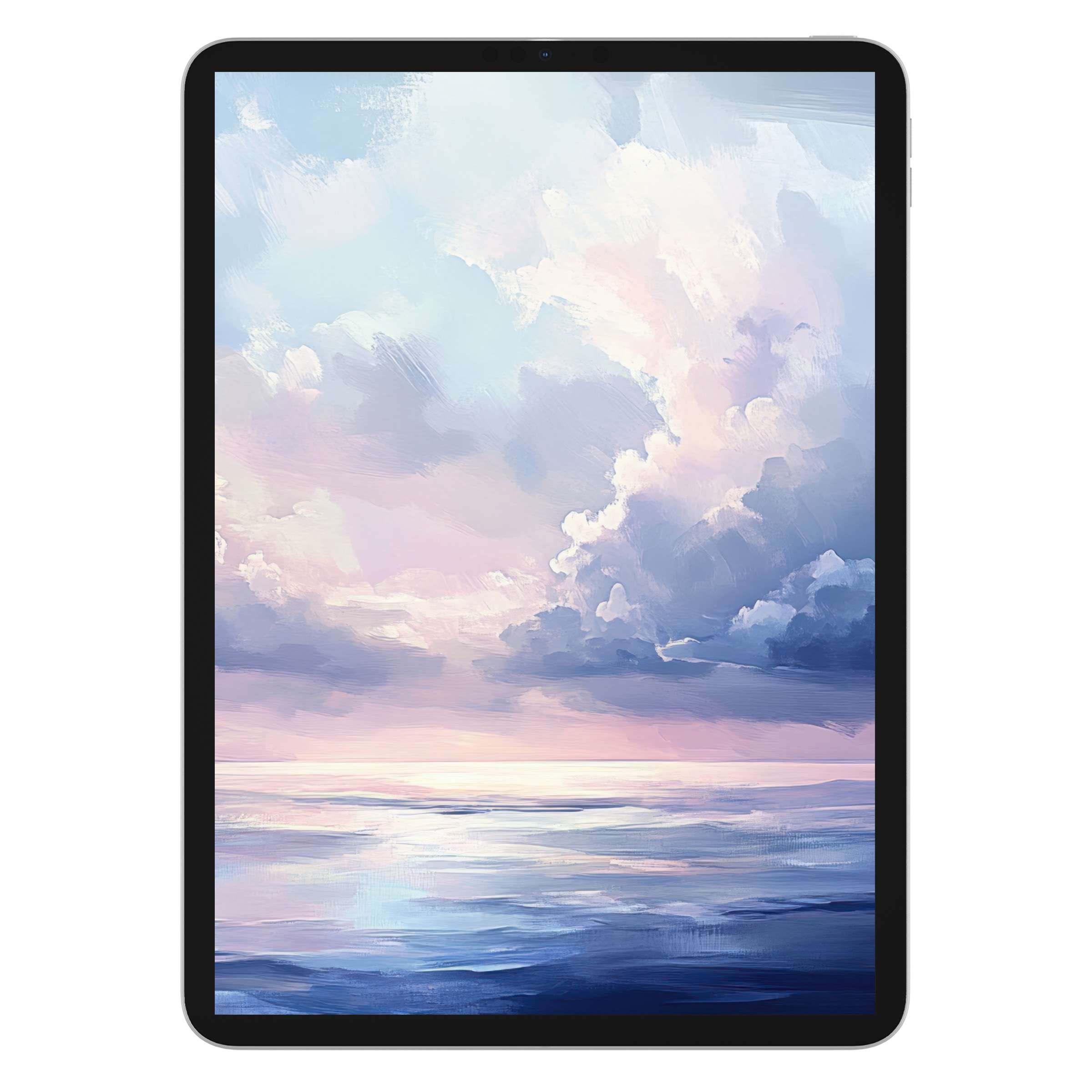 Coastal iPad wallpaper showcasing a serene twilight ocean view with soft clouds, perfect digital download for tablets seeking aesthetic background tranquility