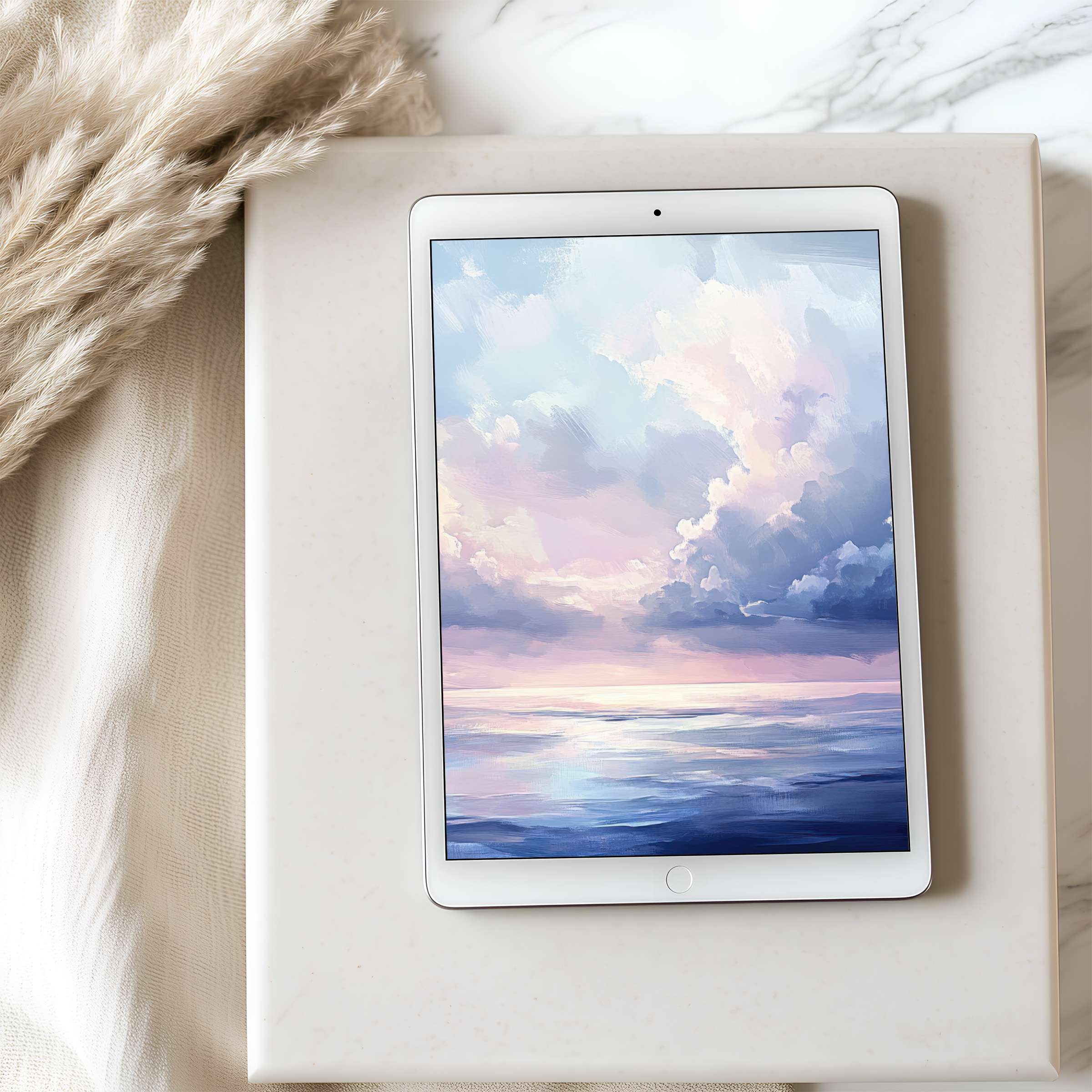 Serene pastel tablet wallpaper, showcasing a dreamy ocean sunset, enhances iPad aesthetics with its high resolution, calming vibes