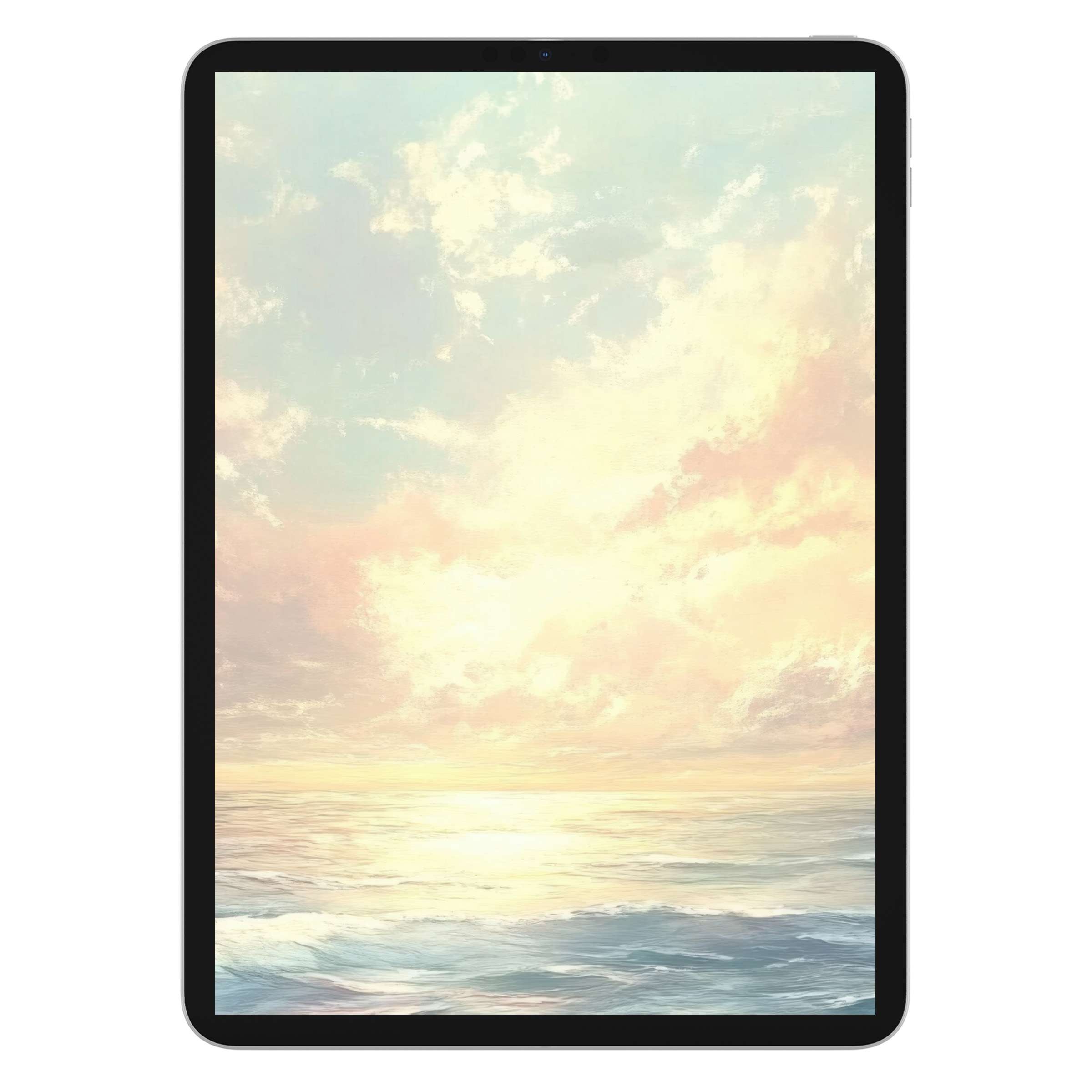 Elegant coastal iPad wallpaper with serene pastel sky and ocean waves background; perfect digital download for any tablet user