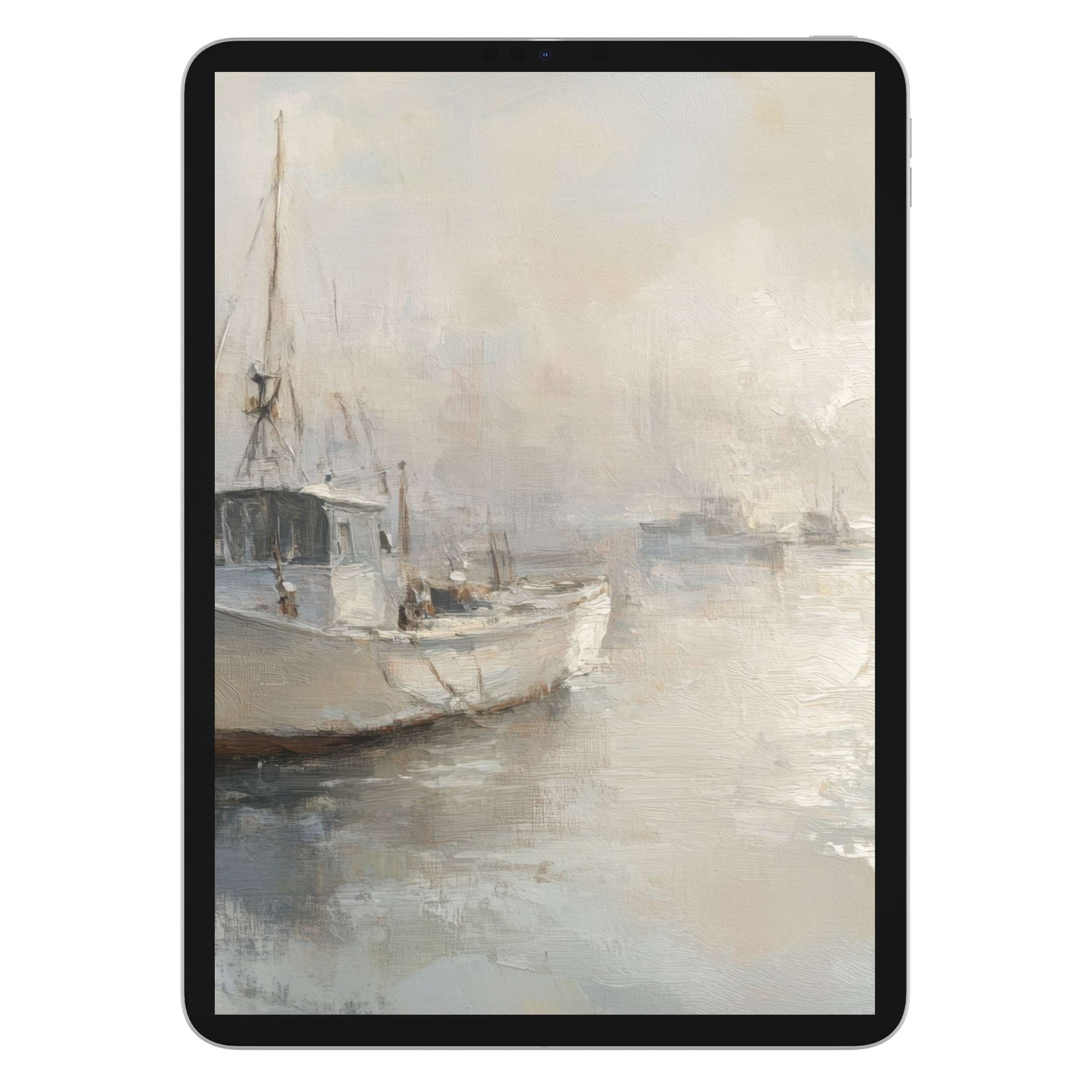 Coastal iPad wallpaper featuring serene boats in a soft pastel seascape perfect as a calming digital download for tablet backgrounds