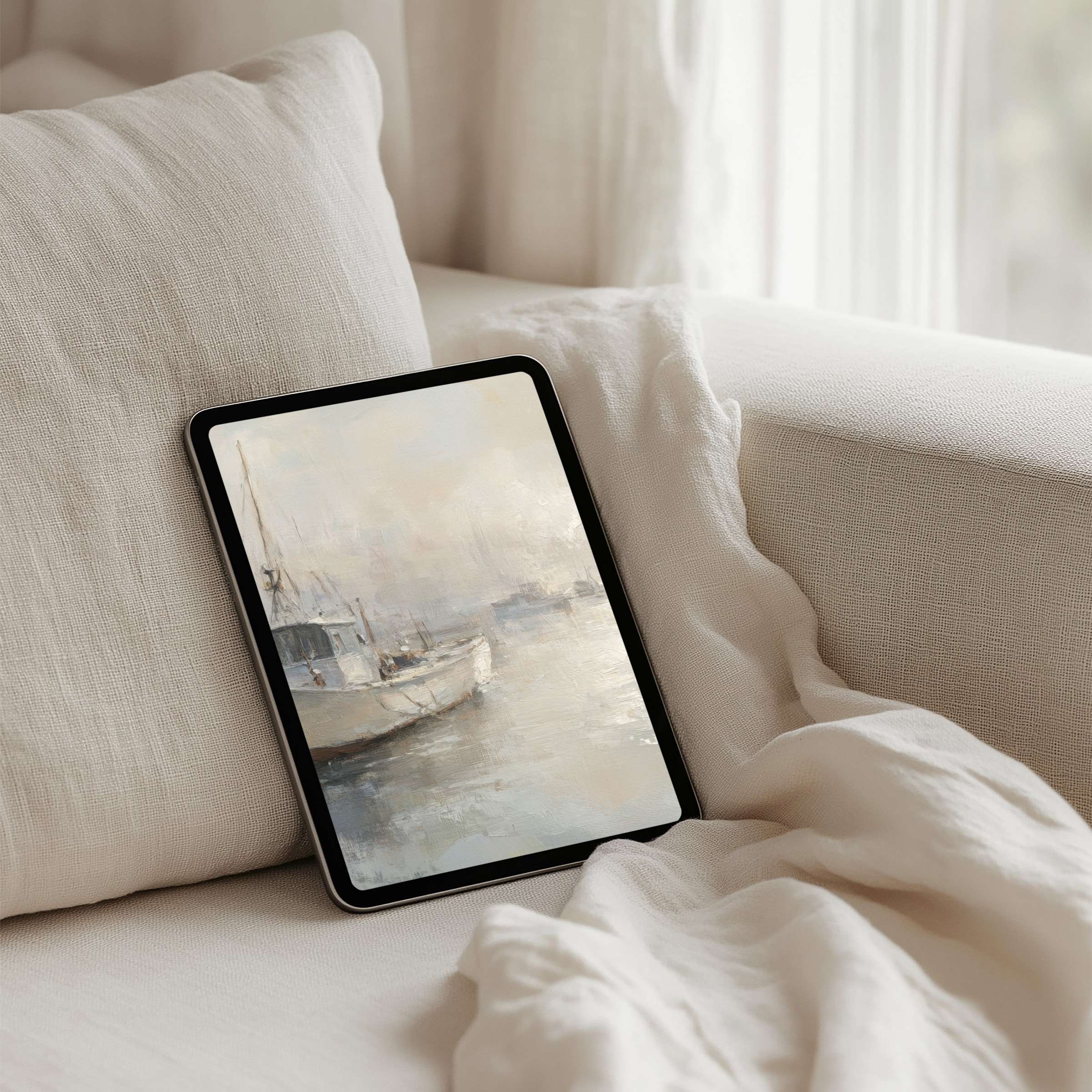 Elegant watercolor iPad background featuring serene boats, perfect for calm inspiration on any tablet, instant download available
