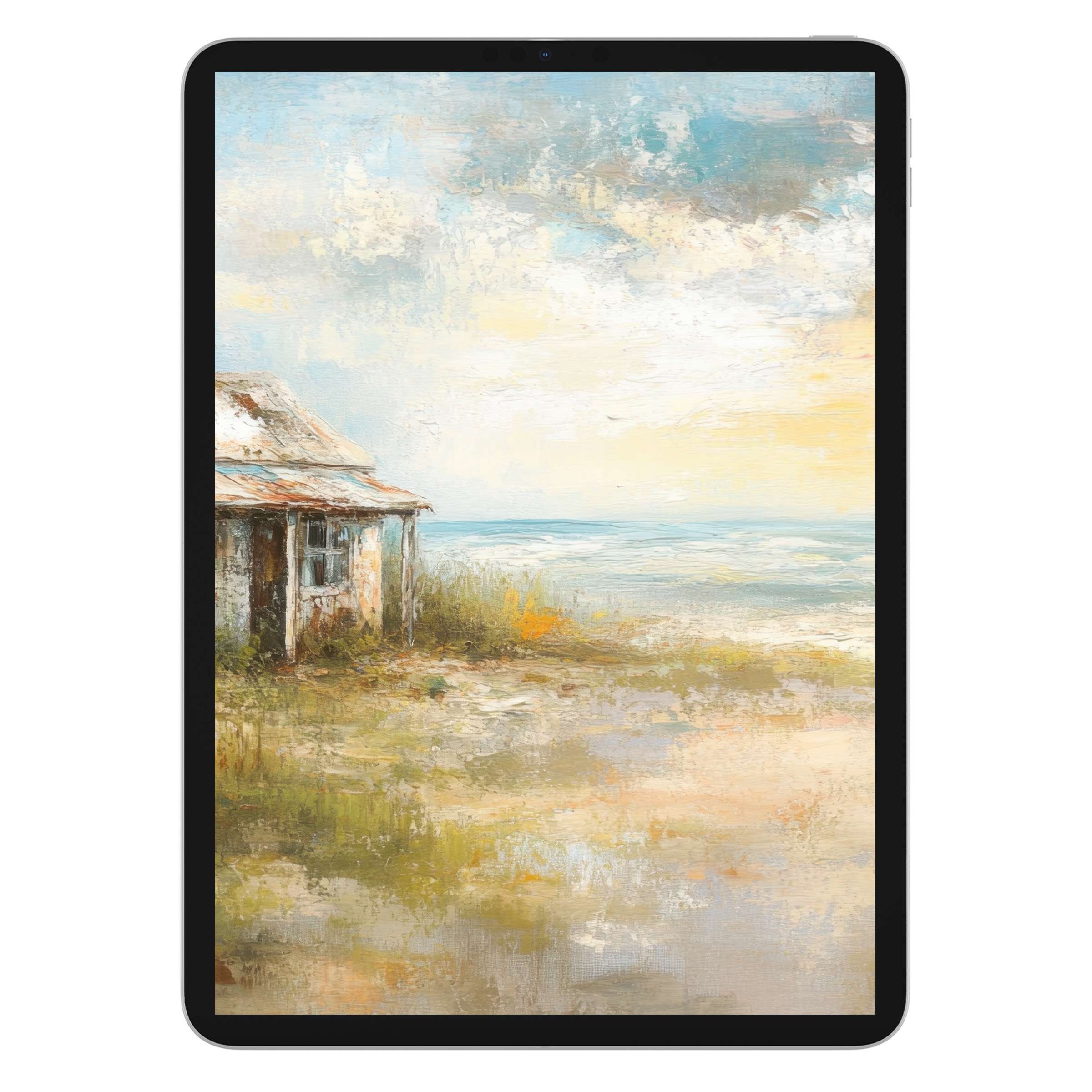 Coastal iPad wallpaper depicting serene seascape with rustic cabin; digital download for tablets adds calm elegance to your background