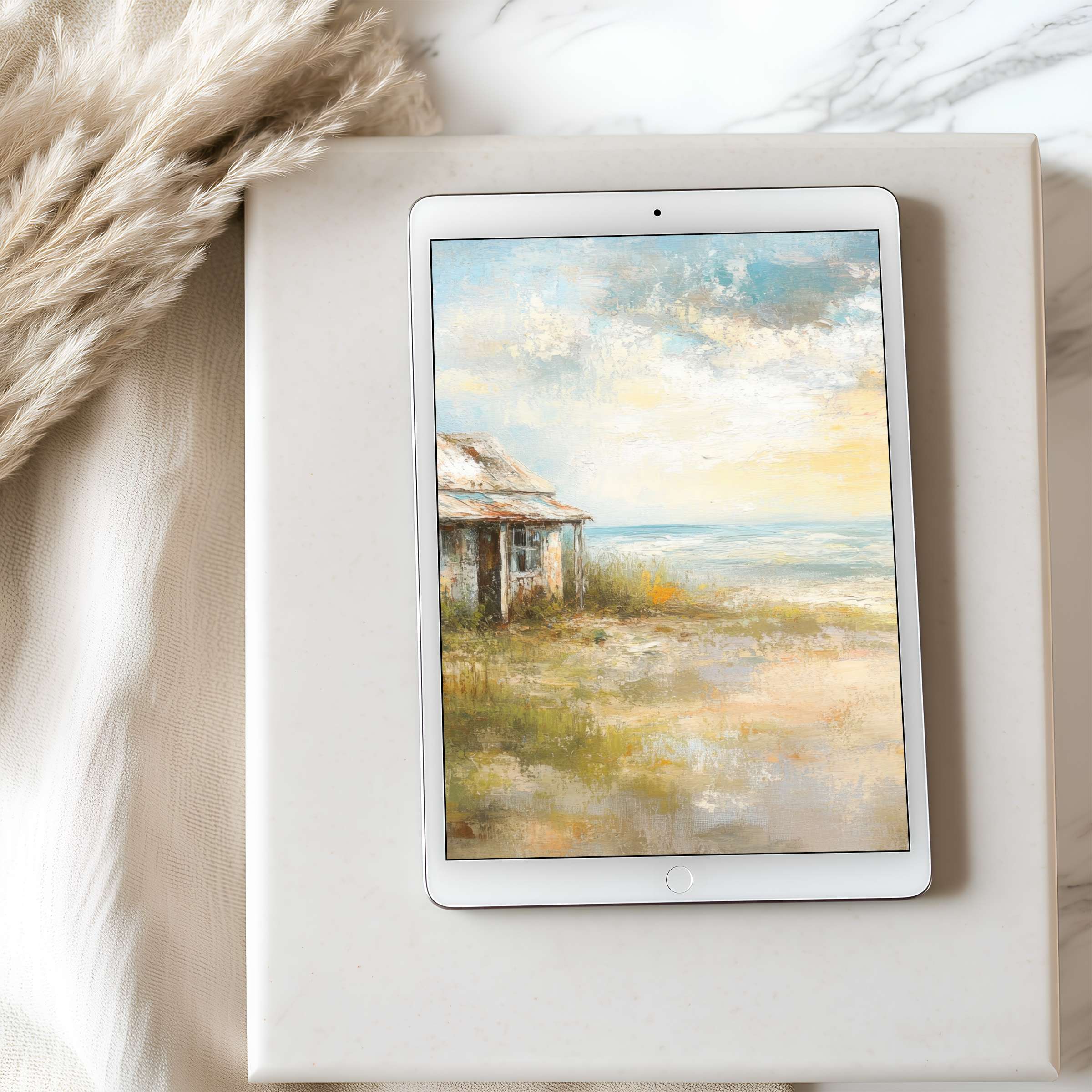 Serene coastal landscape tablet wallpaper in high resolution features warm earth tones and a rustic cottage, perfect for iPad or Android download