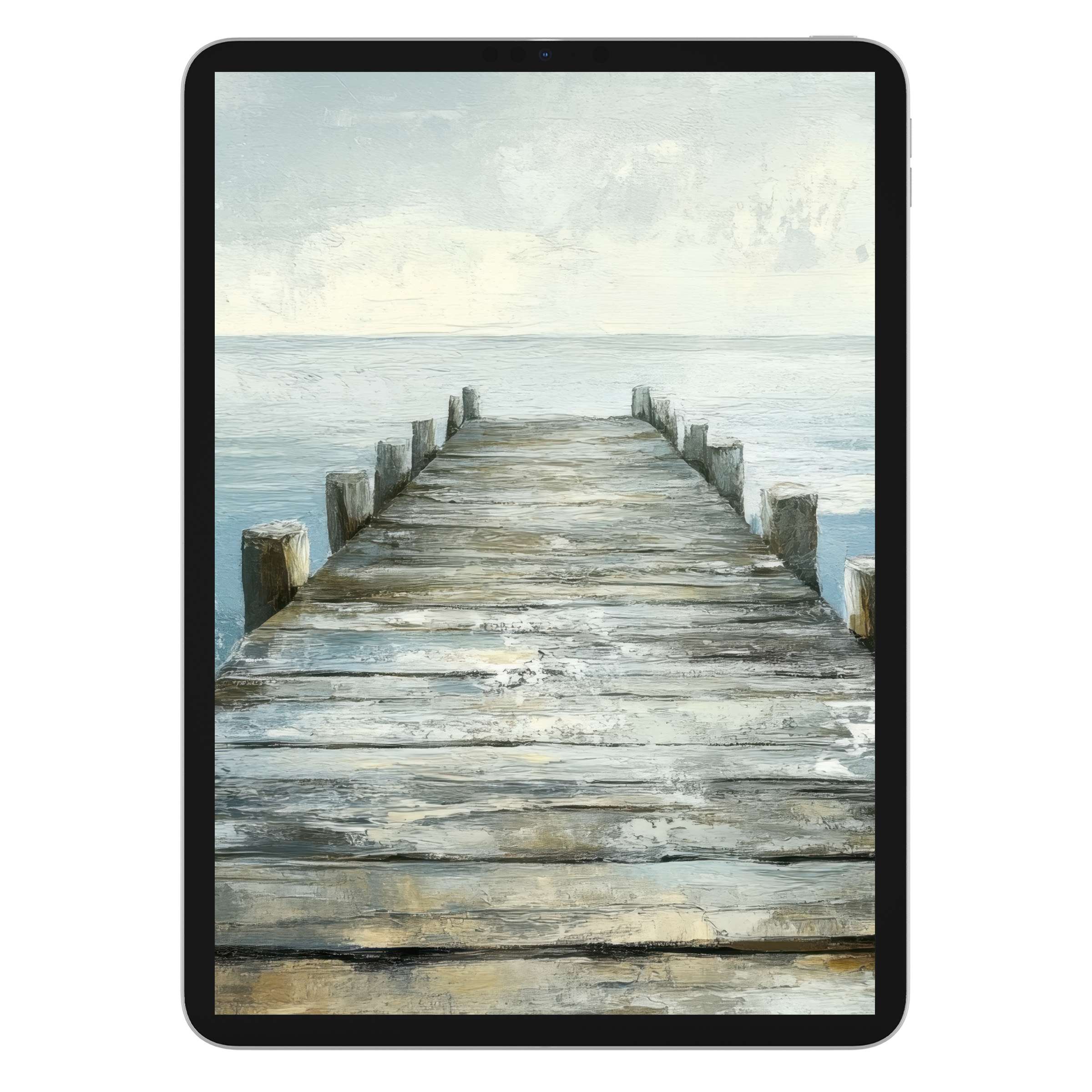 Coastal iPad wallpaper featuring a serene wooden pier and watercolor sky, perfect digital download background for tablets and Android screens