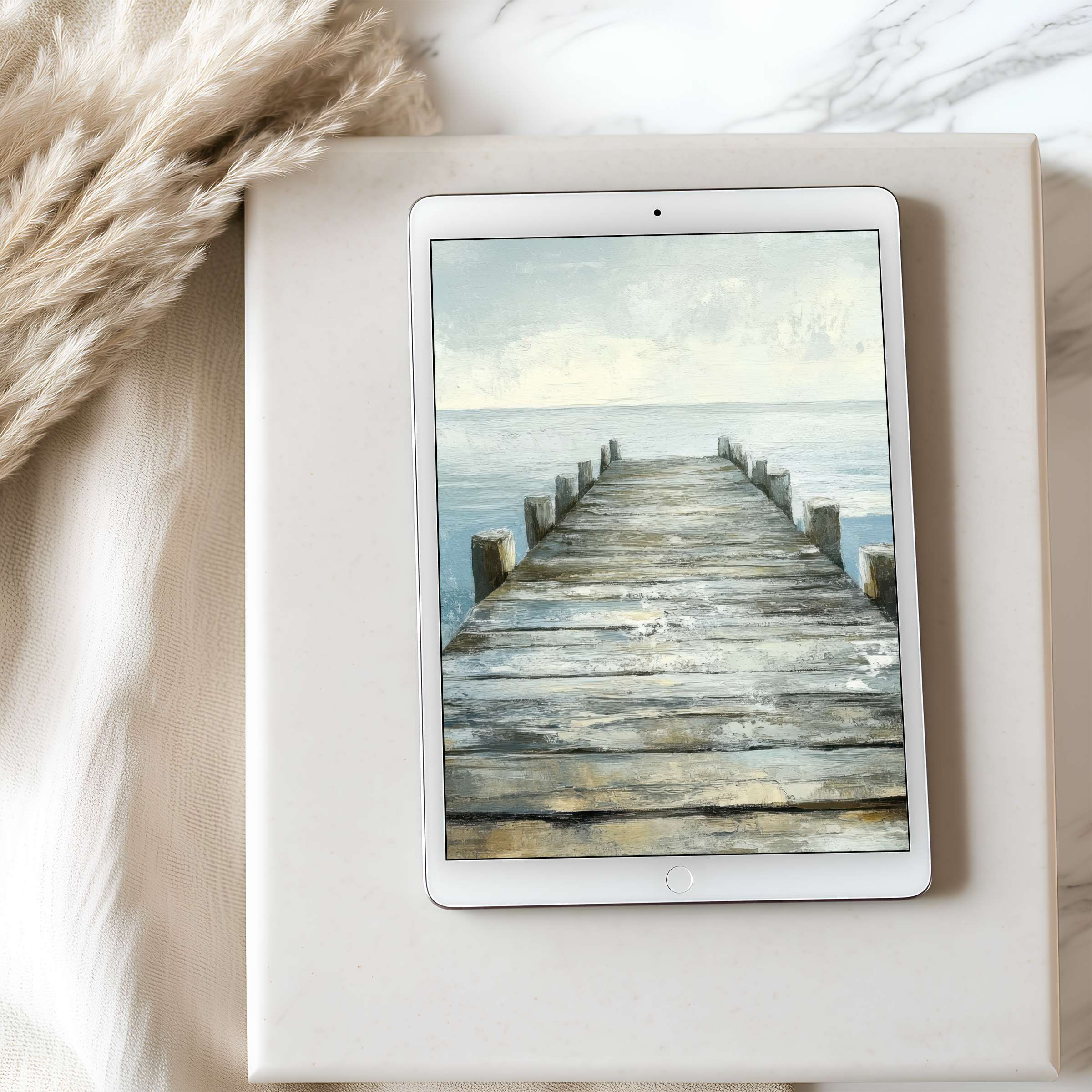 Serene ocean pier tablet wallpaper in high resolution enhances any iPad or Android tablet setting with calm, curated elegance