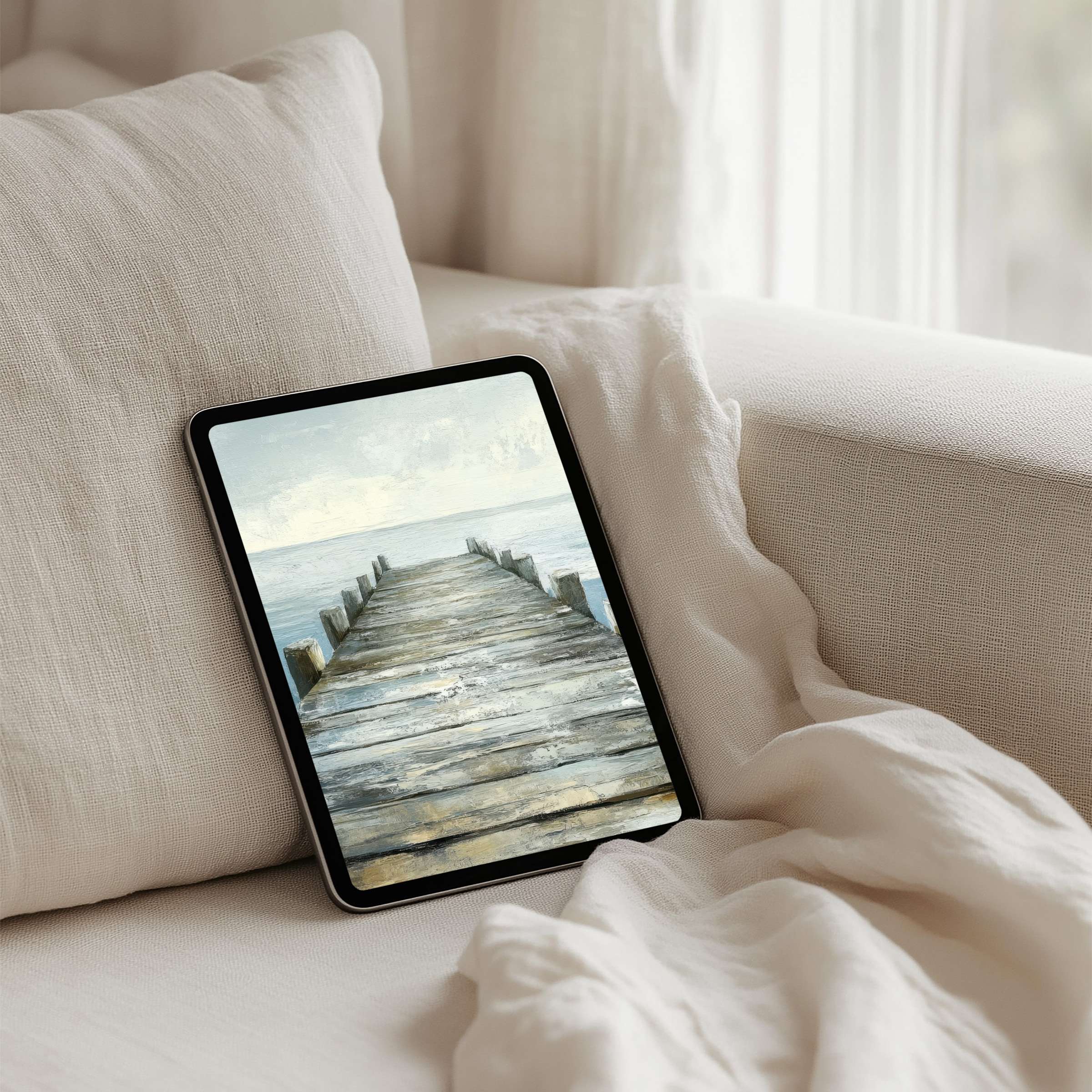 Calming iPad background with a serene dock watercolor painting for instant download on any tablet enhancing mindfulness and elegance
