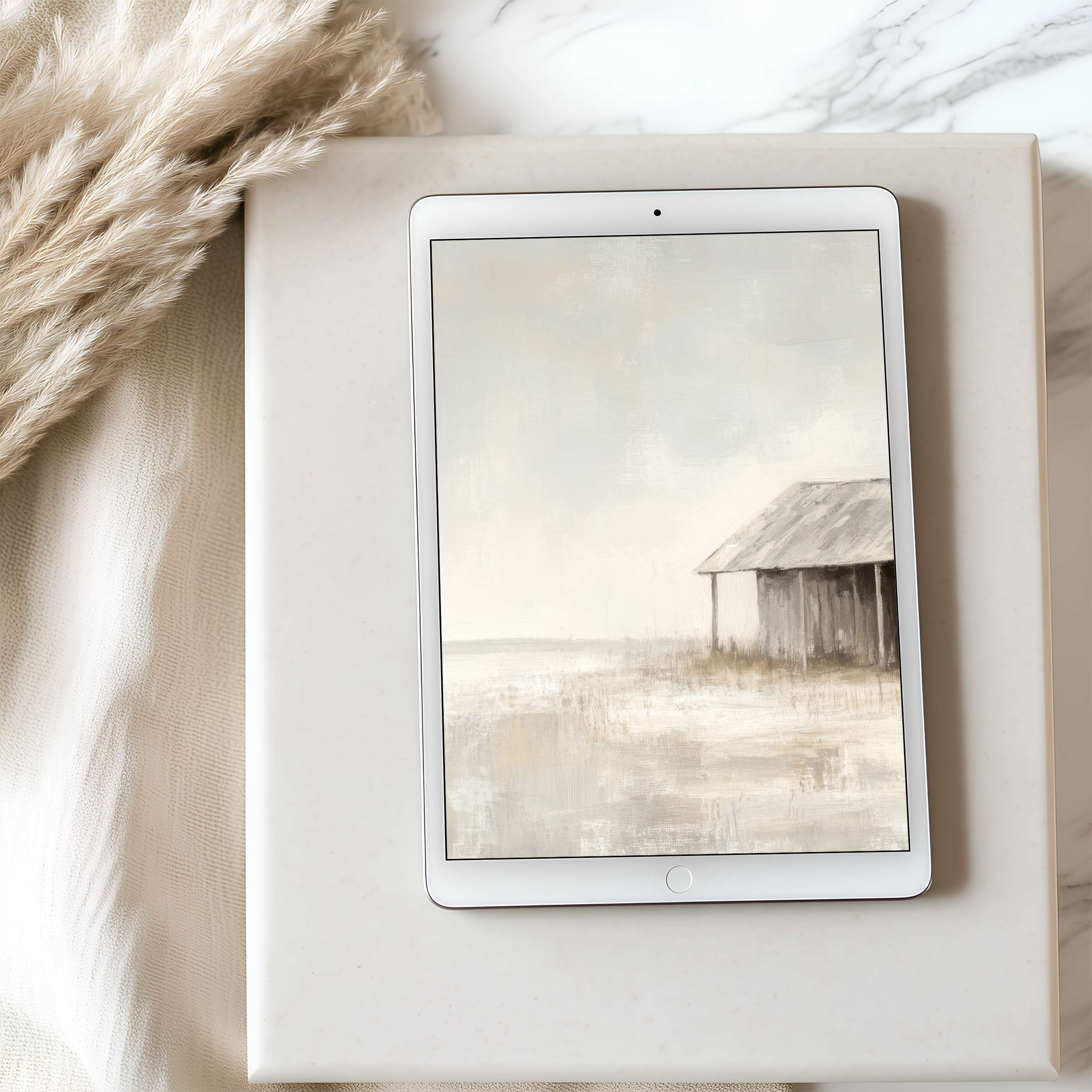 Elegant tablet wallpaper featuring a serene, muted landscape with a rustic barn elevates your iPad's aesthetics in high resolution