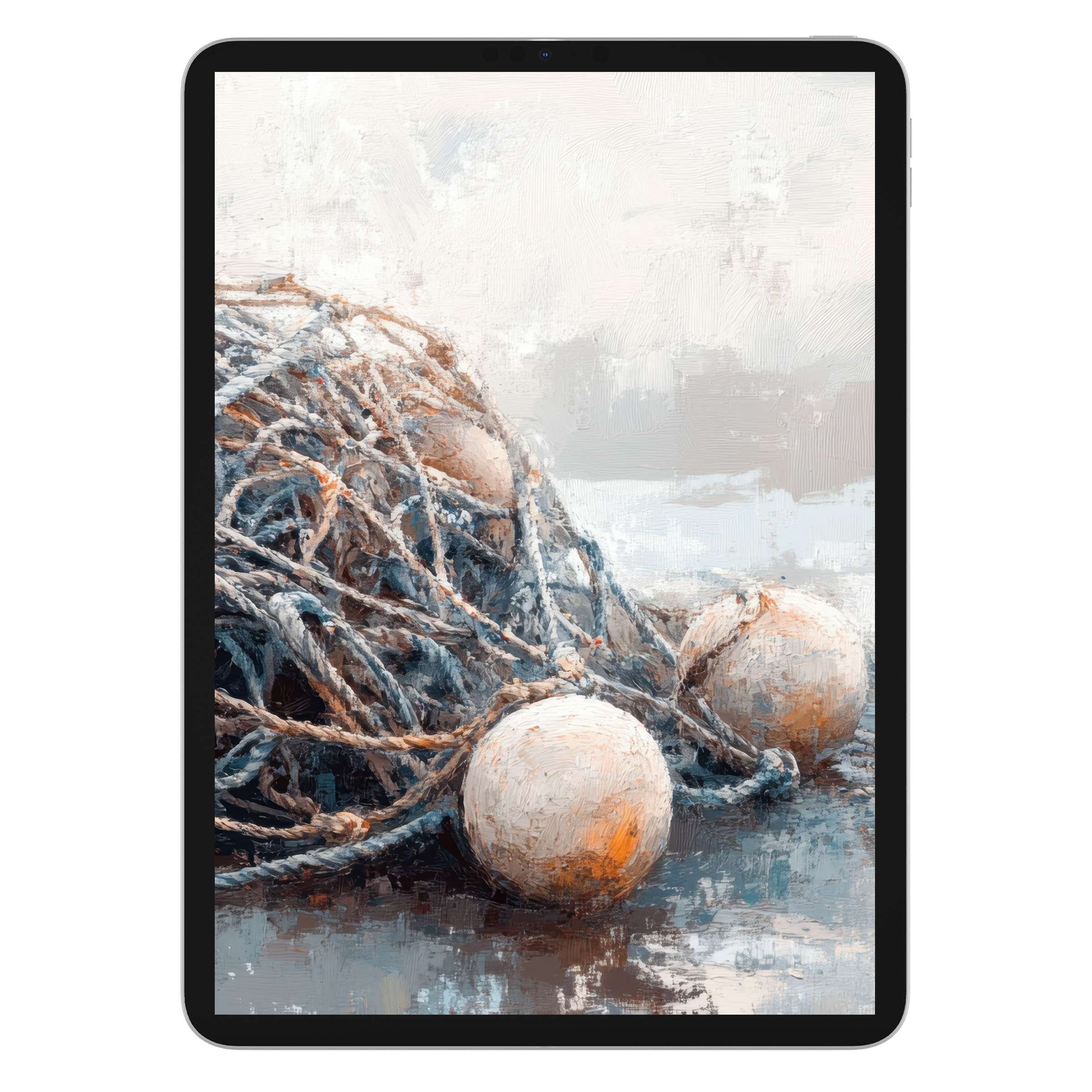 Coastal iPad wallpaper featuring textured fishing nets and buoys in soft blues and creams for tablet background digital download