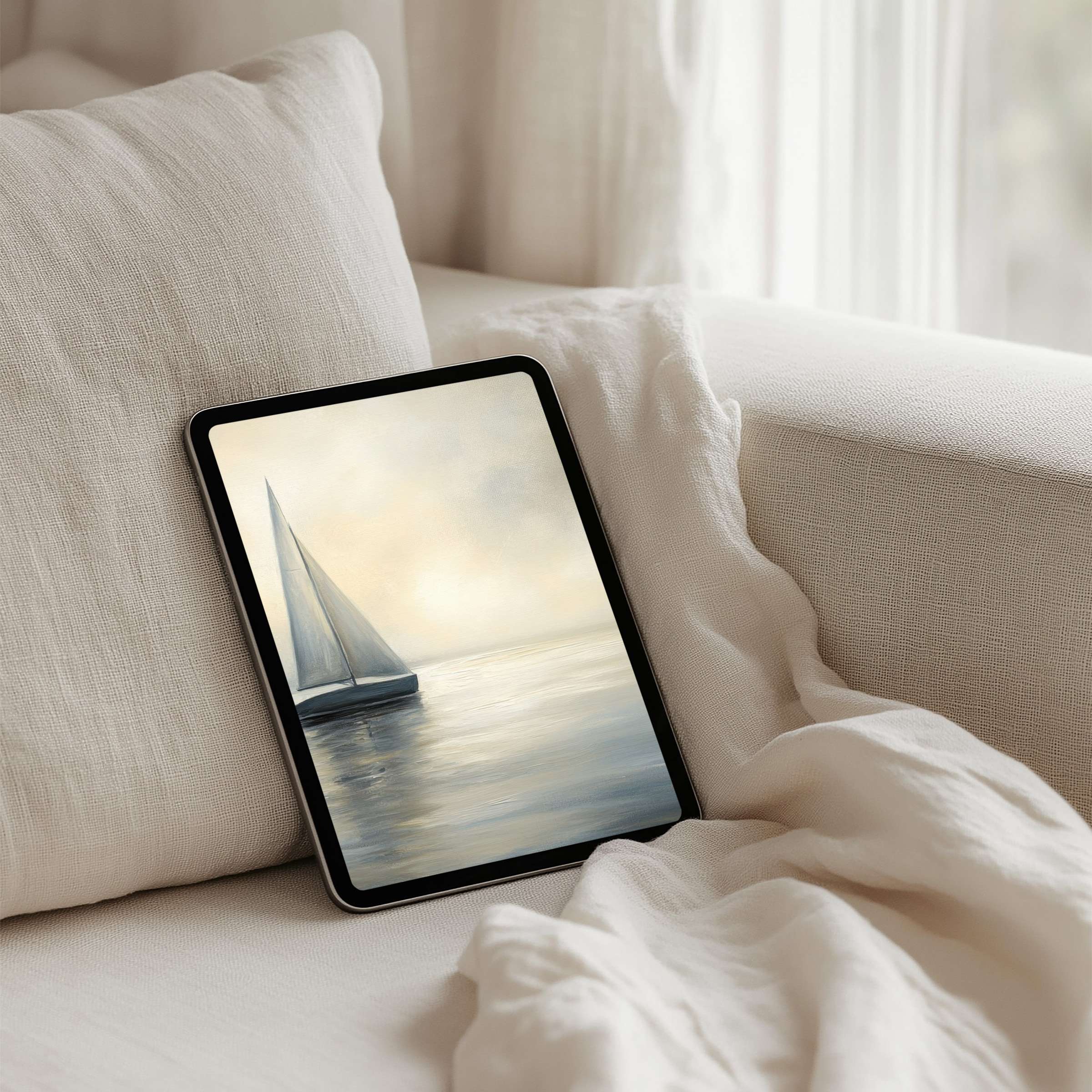 Elegant sailboat painting iPad background offers a serene and calming instant download for Android and Samsung tablet users