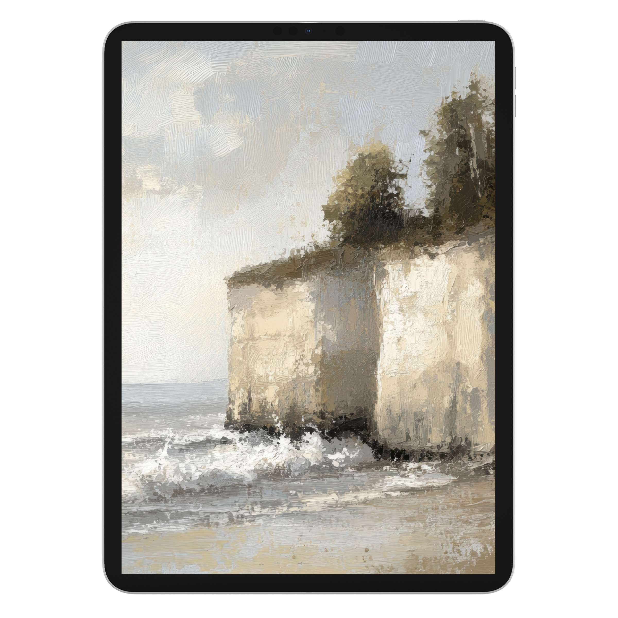 Coastal iPad wallpaper showcasing serene cliffs and waves in soft pastels, perfect digital download for elegant tablet background use