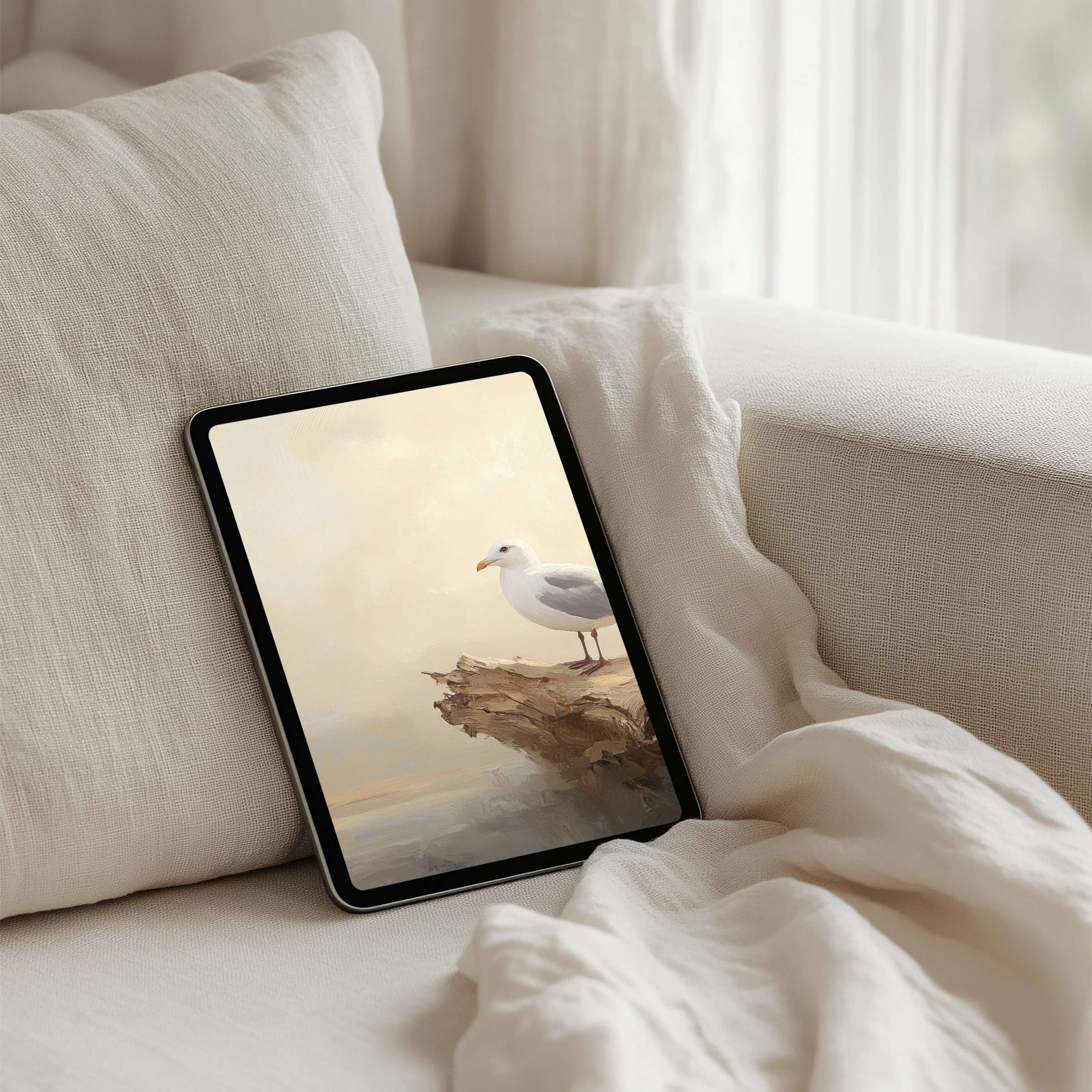 Elegant seagull art iPad background for tablets, offering instant download A calming, mindful digital escape for design lovers