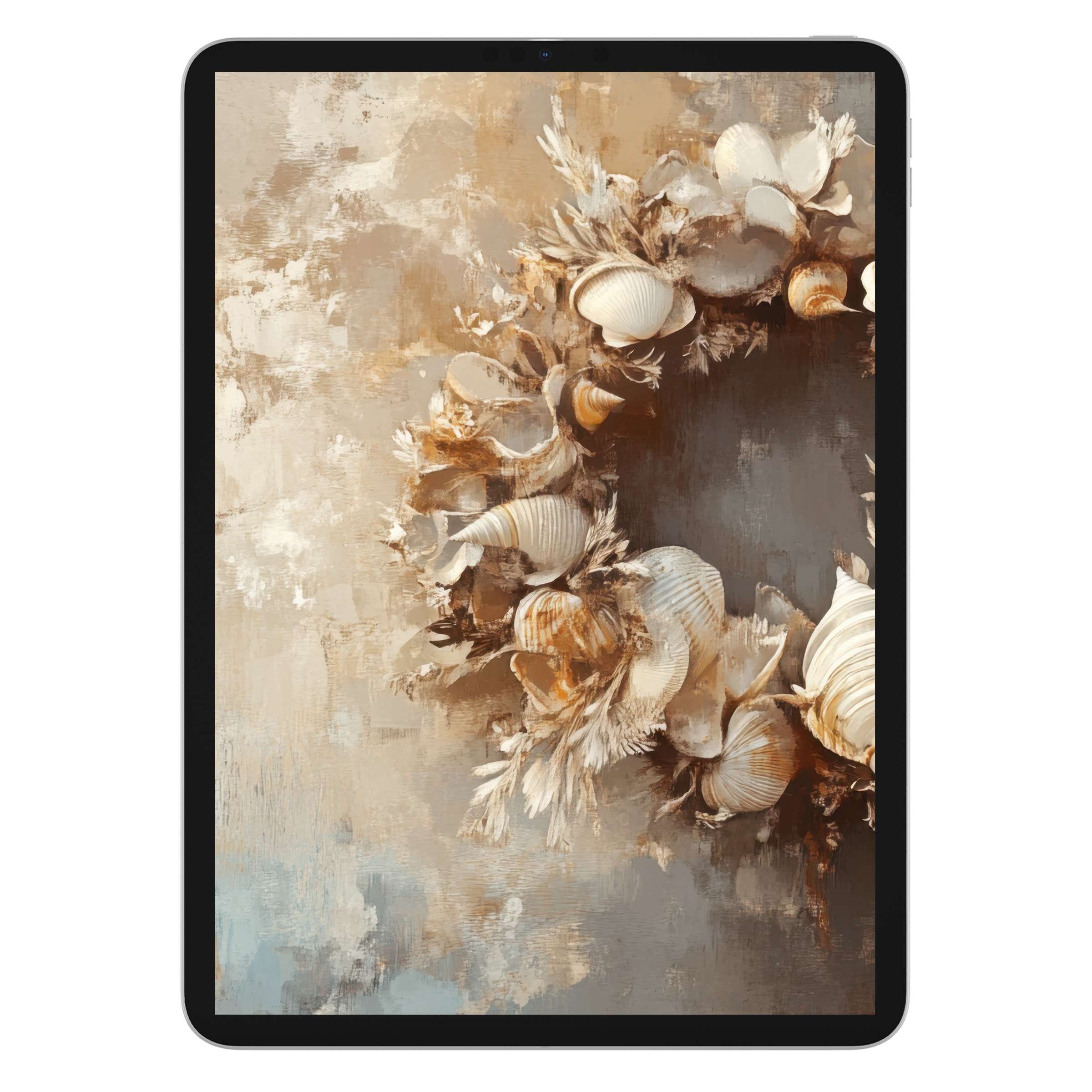 Coastal iPad wallpaper featuring elegant seashell wreath in earthy tones, ideal digital download for Samsung and Android tablet background