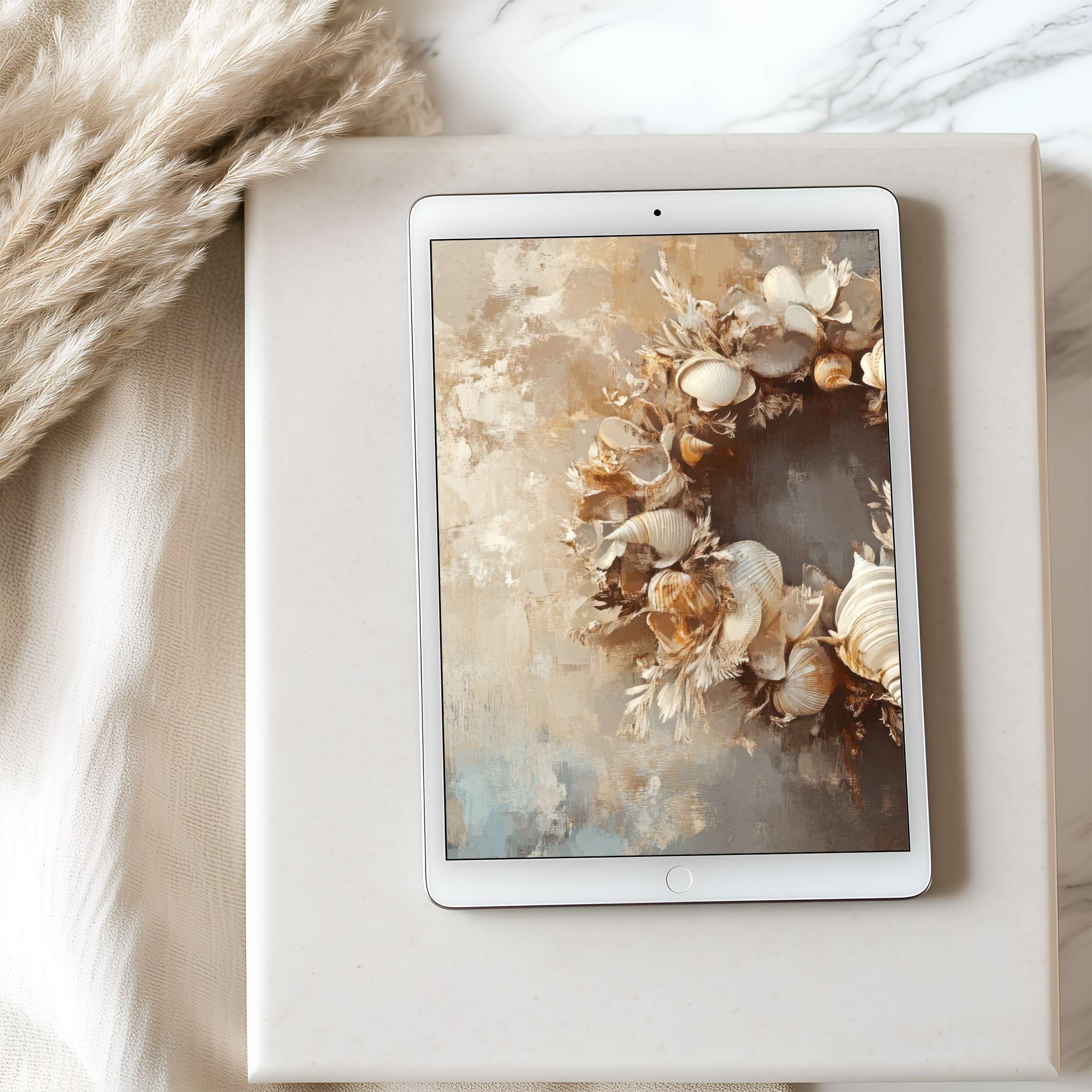 Elegant tablet wallpaper featuring a serene wreath of seashells in soft, neutral tones, ideal for iPad download, high resolution