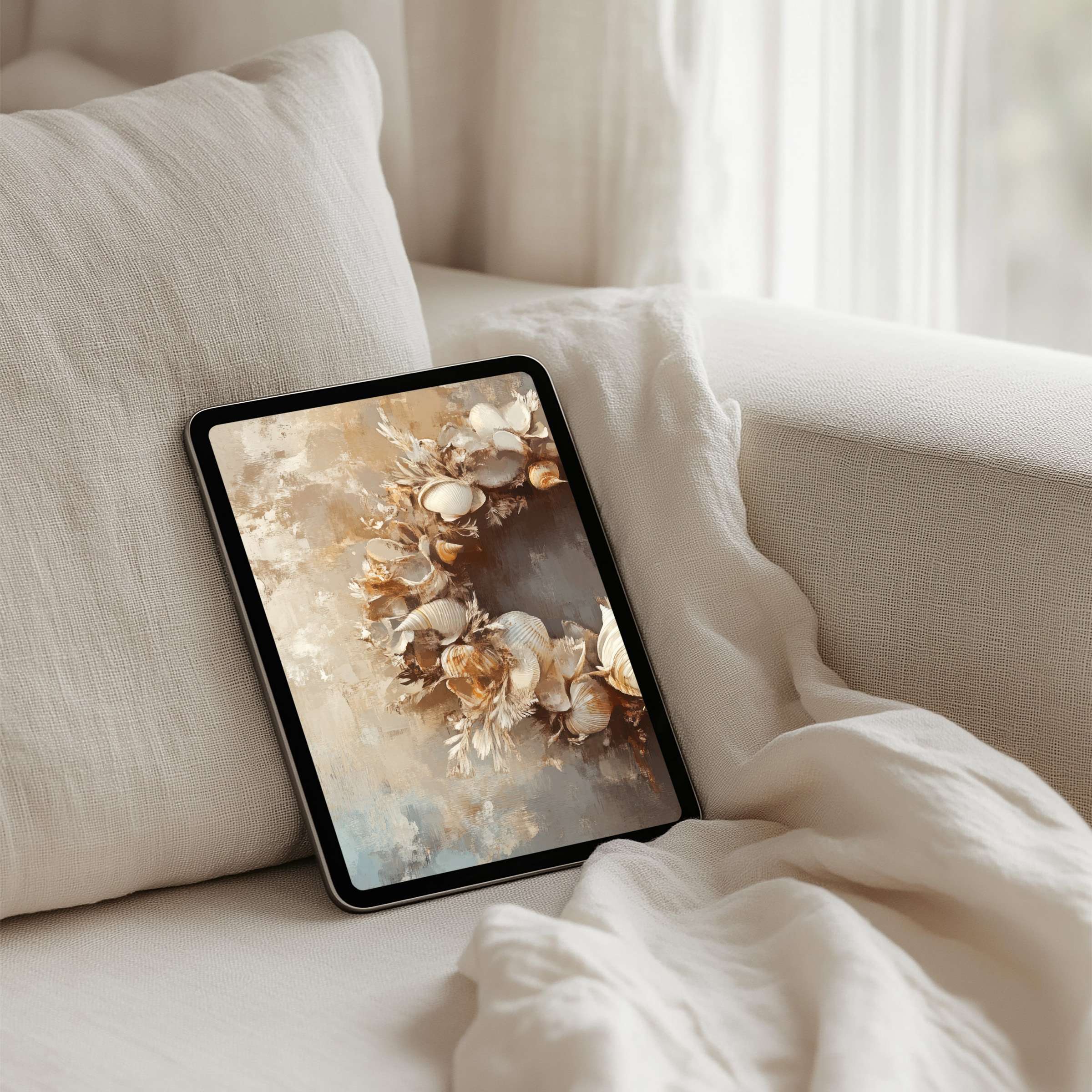 Elegant iPad background with calming beige floral design for instant download, fitting any tablet for mindful inspiration