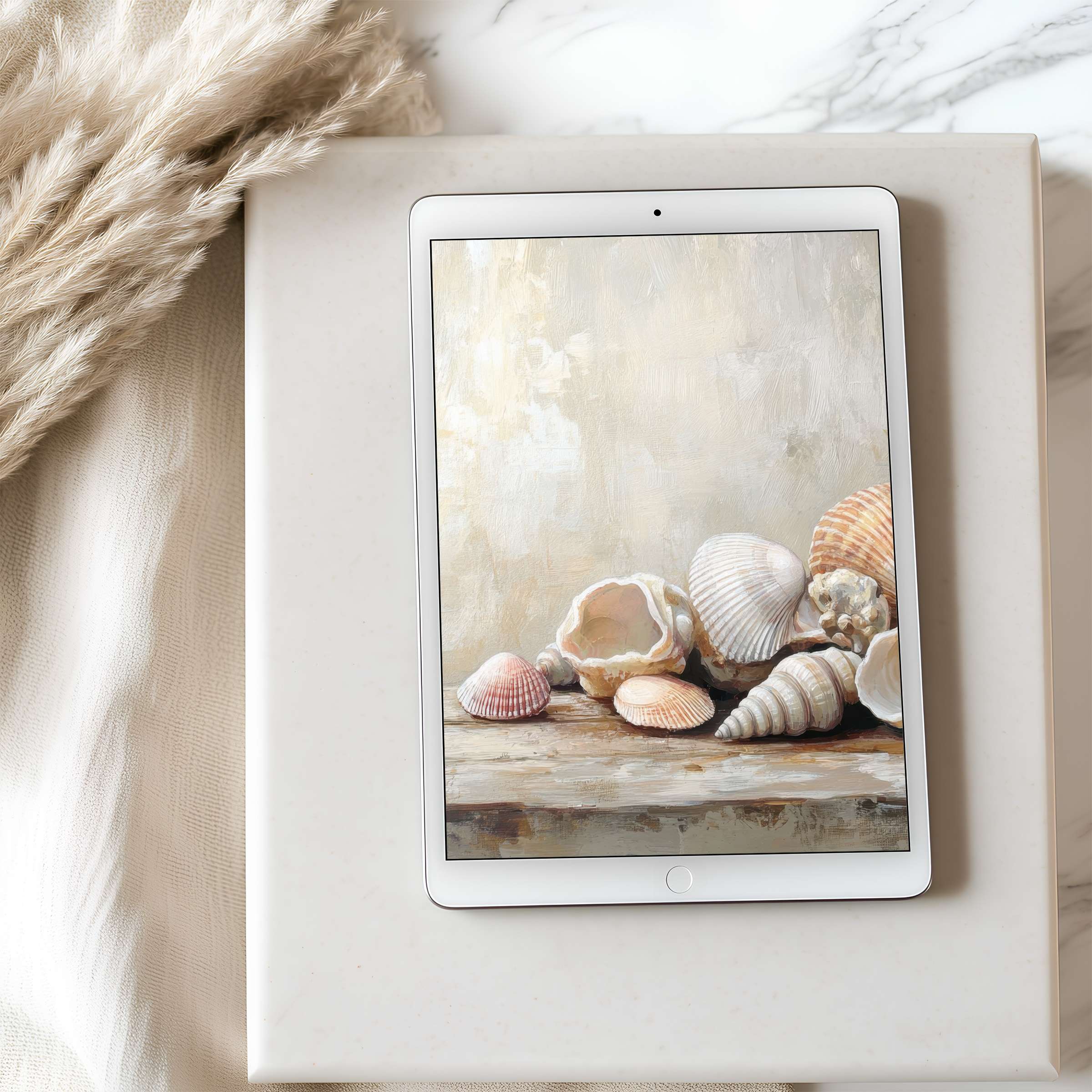 Elegant tablet wallpaper featuring serene seashell art in soft tones, perfect for high resolution iPad download, enhances calm spaces