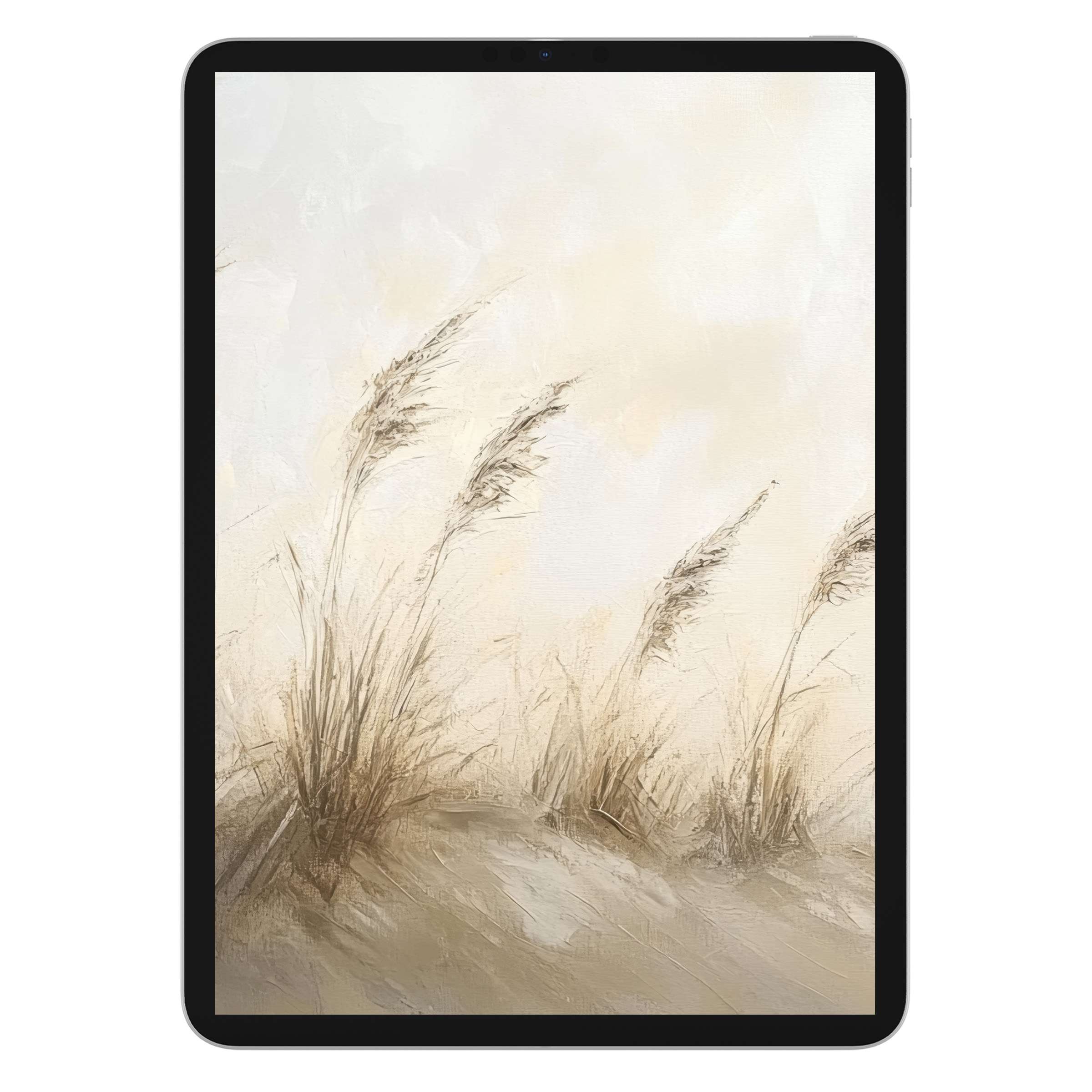 Elegant coastal iPad wallpaper with soft beige hues and gentle grasses, perfect digital download background for any tablet device
