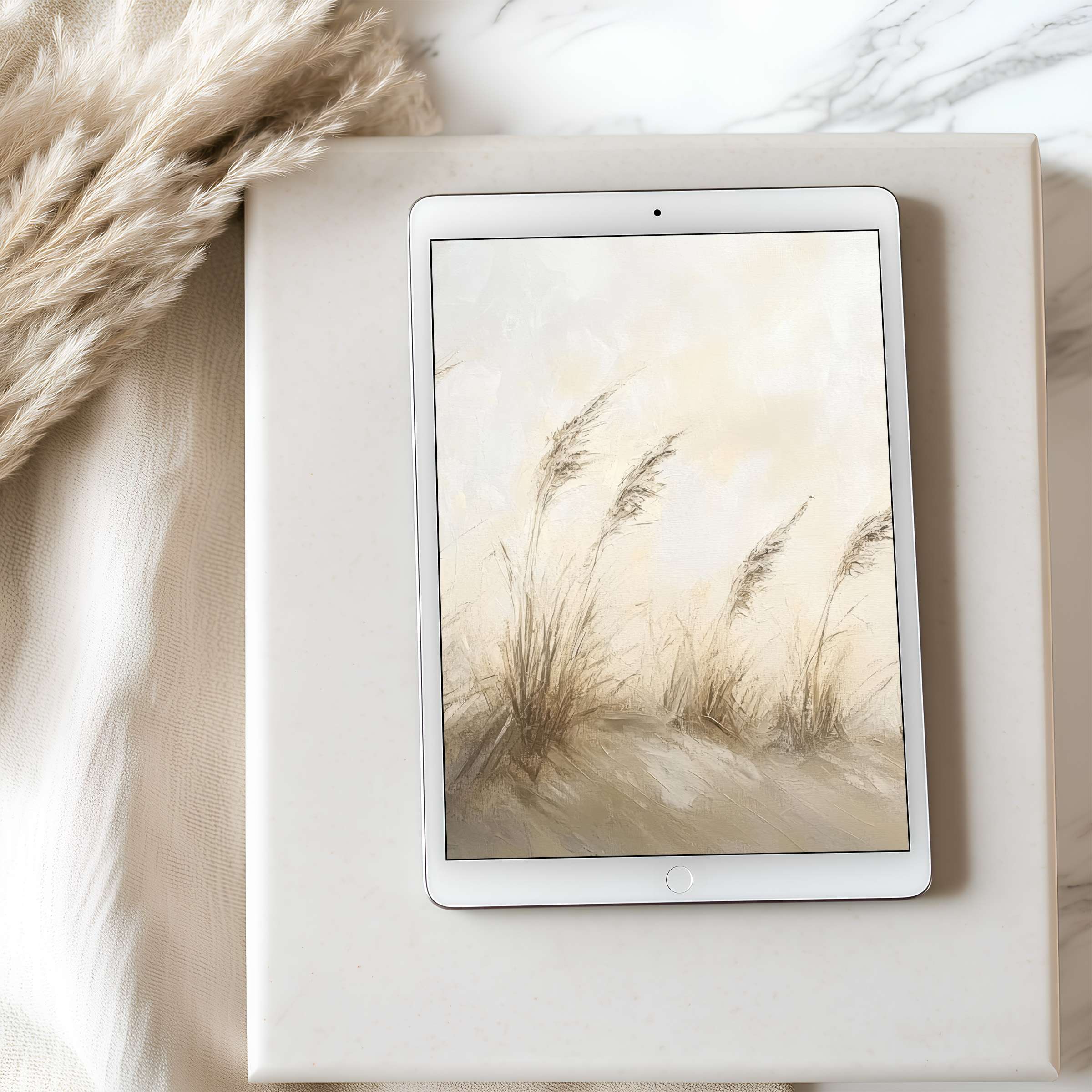 Elegant tablet wallpaper in soft beige with rustic grasses, perfect for iPad users seeking calm aesthetics in high resolution download