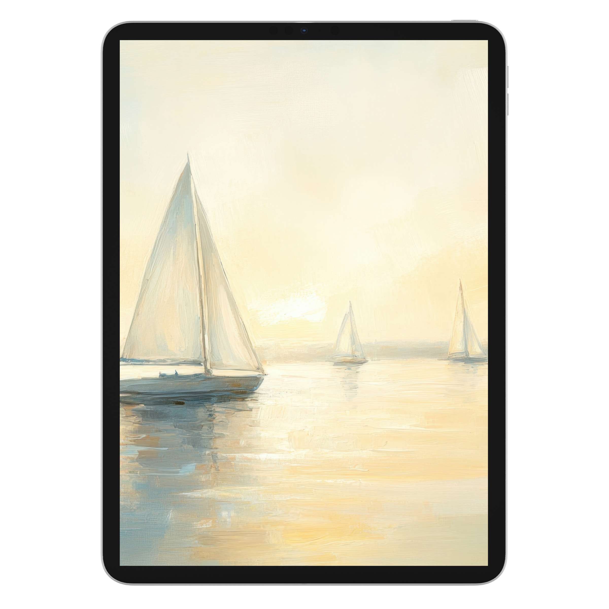 Coastal iPad wallpaper digital download featuring serene sailboats on a soft pastel sea, ideal for tablet backgrounds to inspire calm