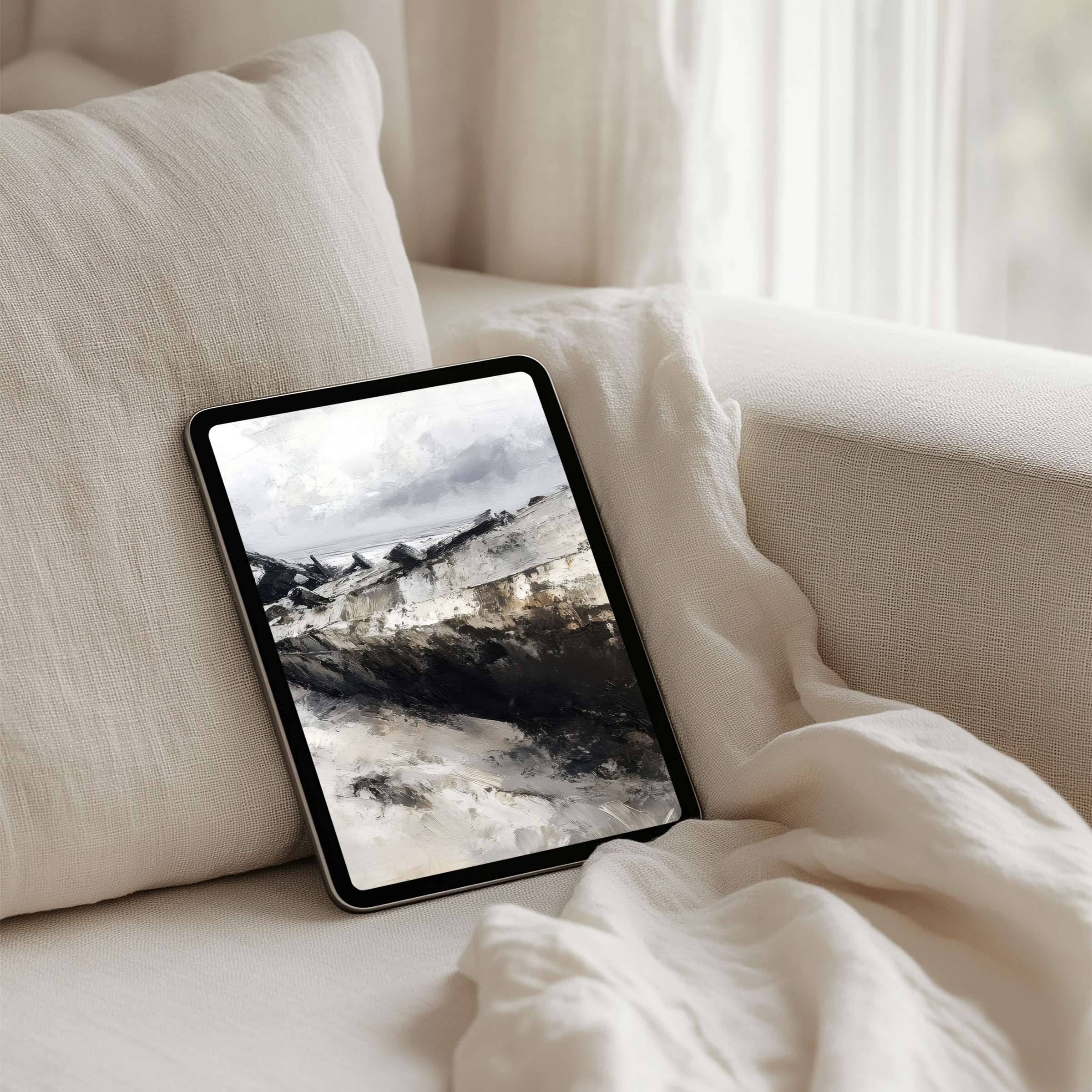 Elegant landscape watercolor iPad background on tablet offers instant download for calm inspiration, fitting Android, Samsung tabs