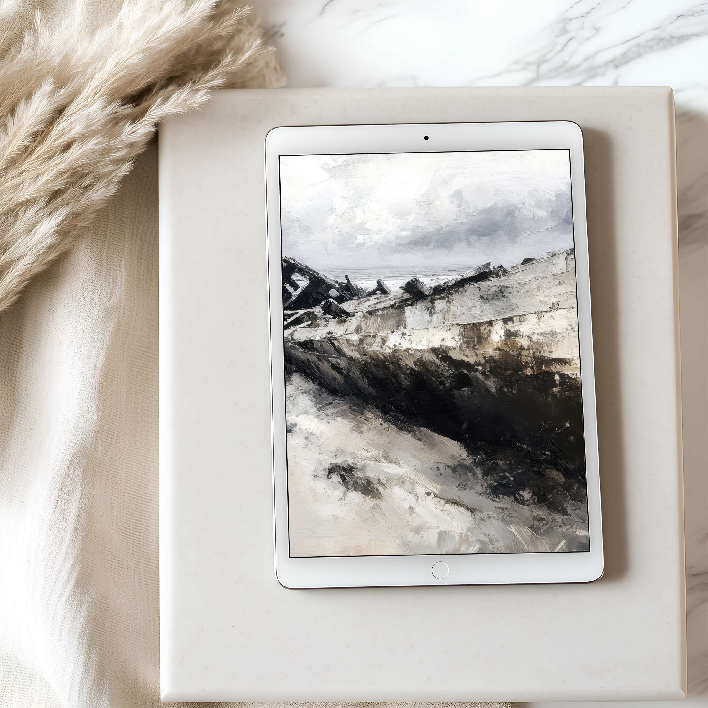 Elegant abstract landscape tablet wallpaper in high resolution, featuring muted earth tones, perfect for a serene digital download