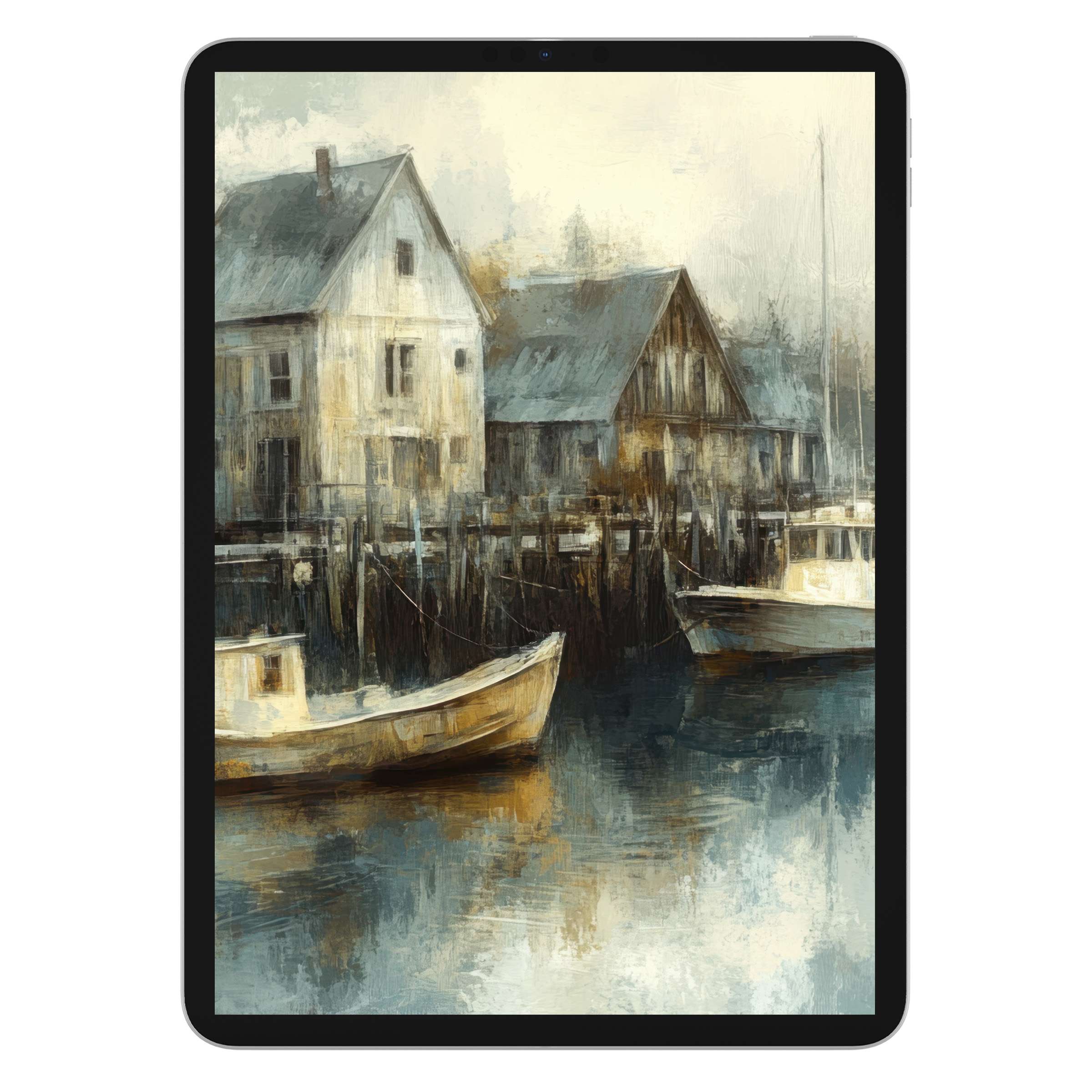 Coastal iPad wallpaper showcasing serene vintage boats and rustic buildings, ideal tablet background as a digital download for elegance