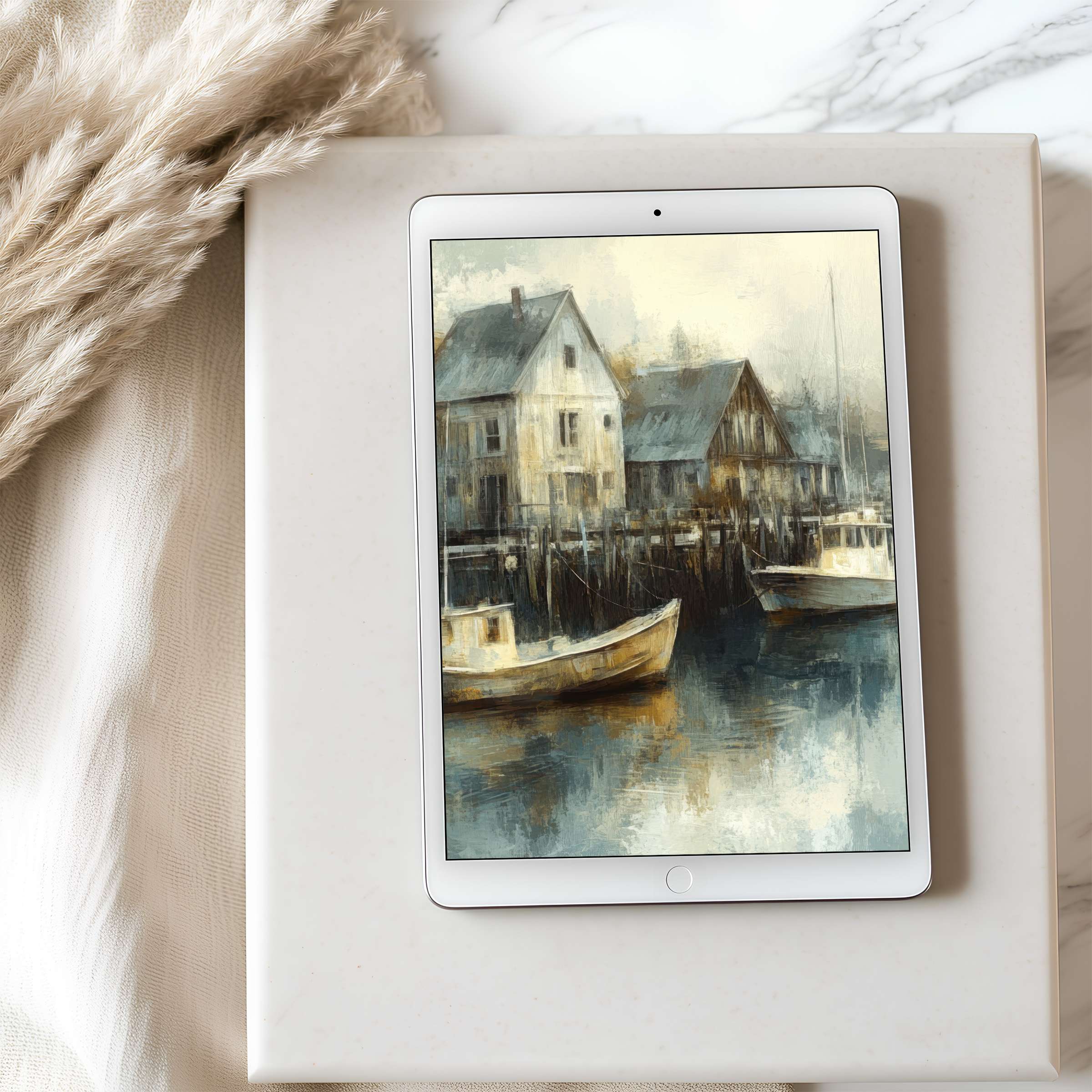 Elegant tablet wallpaper featuring serene watercolor boats and houses, ideal for iPad and Android tablets, available as a digital download