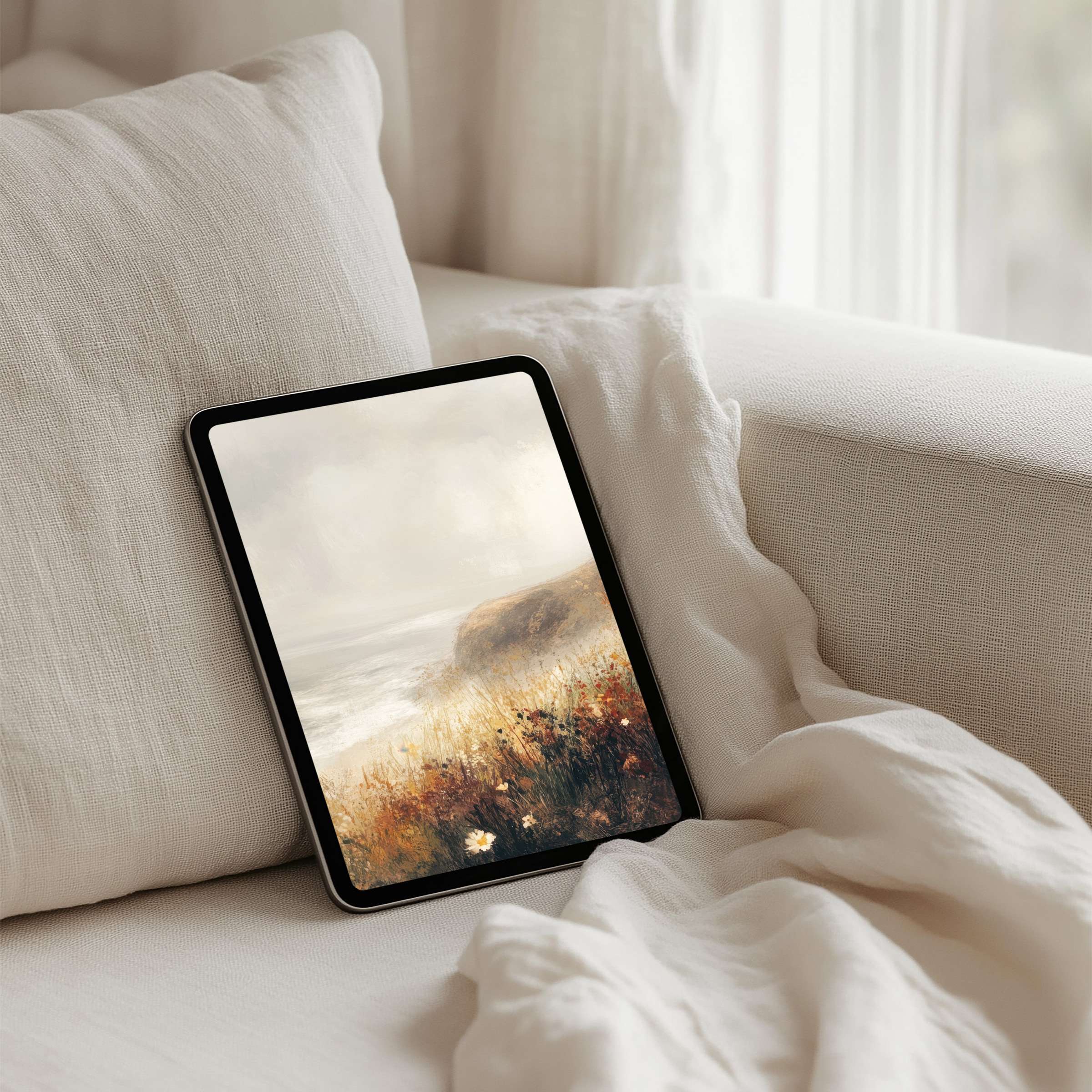 Serene coastal iPad background with muted tones offers instant download for tablets inspiring elegance and mindful tranquility