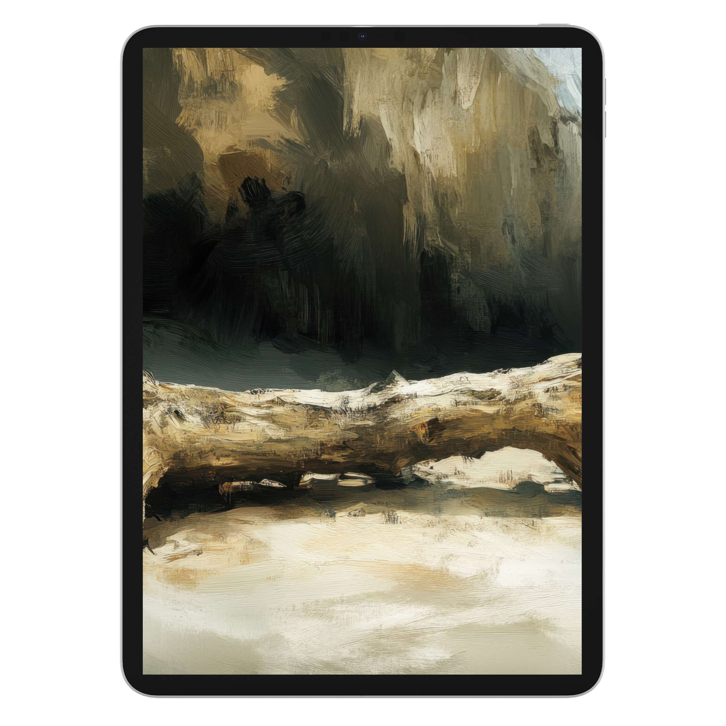 Coastal iPad wallpaper with serene driftwood art offers a soothing digital download, perfect tablet background for design enthusiasts