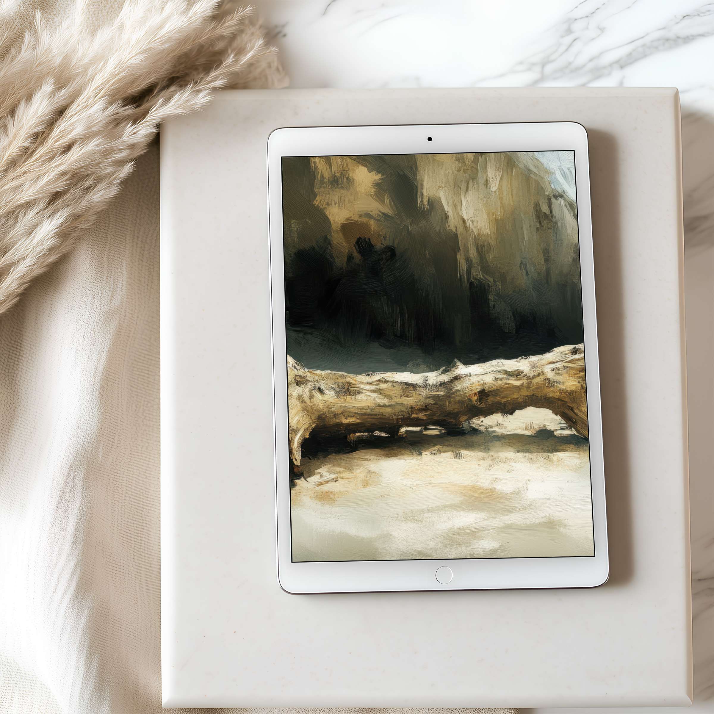 Elegant tablet wallpaper featuring a serene, earthy abstract landscape, perfect for iPad and Android, offering calm, high-resolution digital download