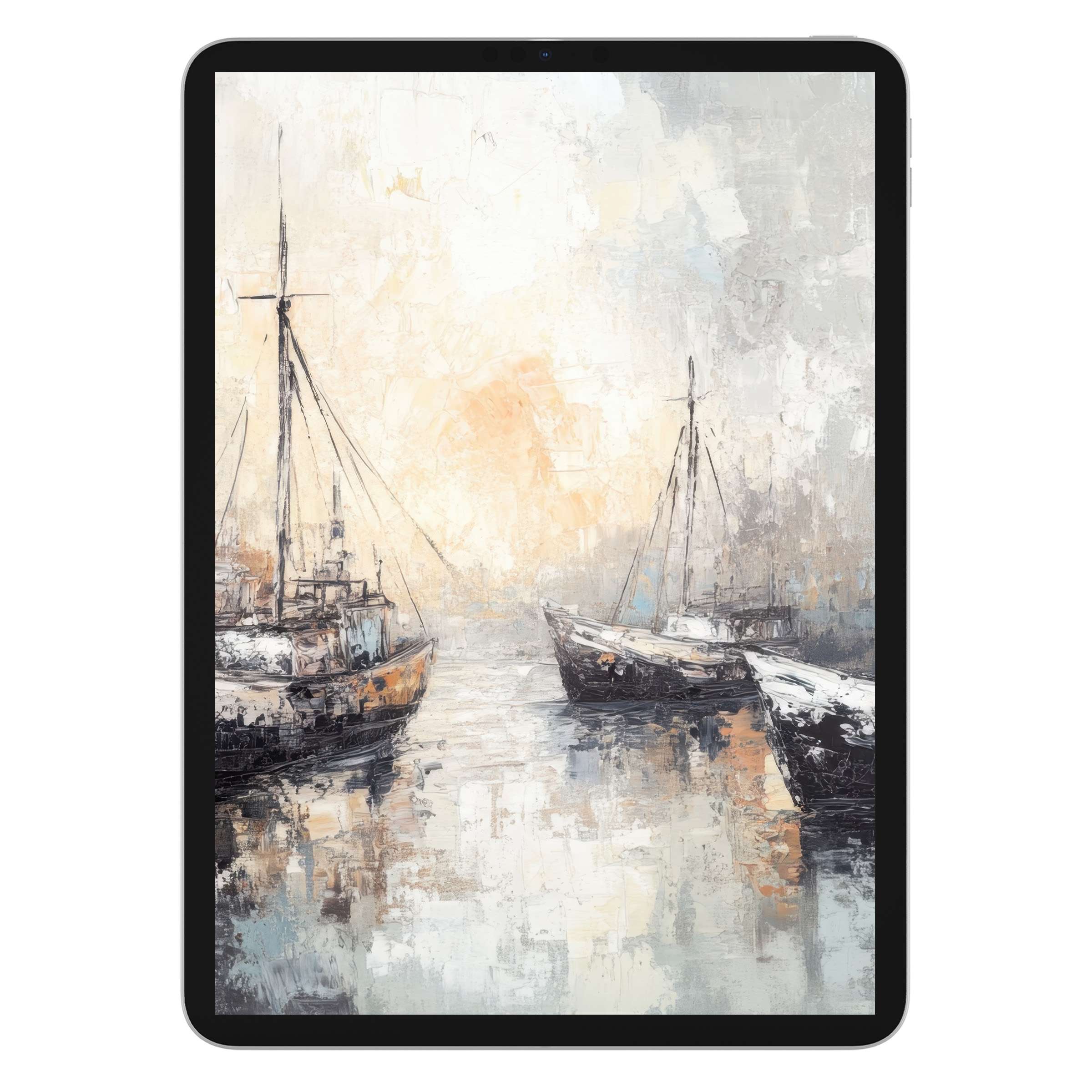 Elegant coastal iPad wallpaper with serene boats painting, perfect digital download for calming tablet background on Android and Samsung