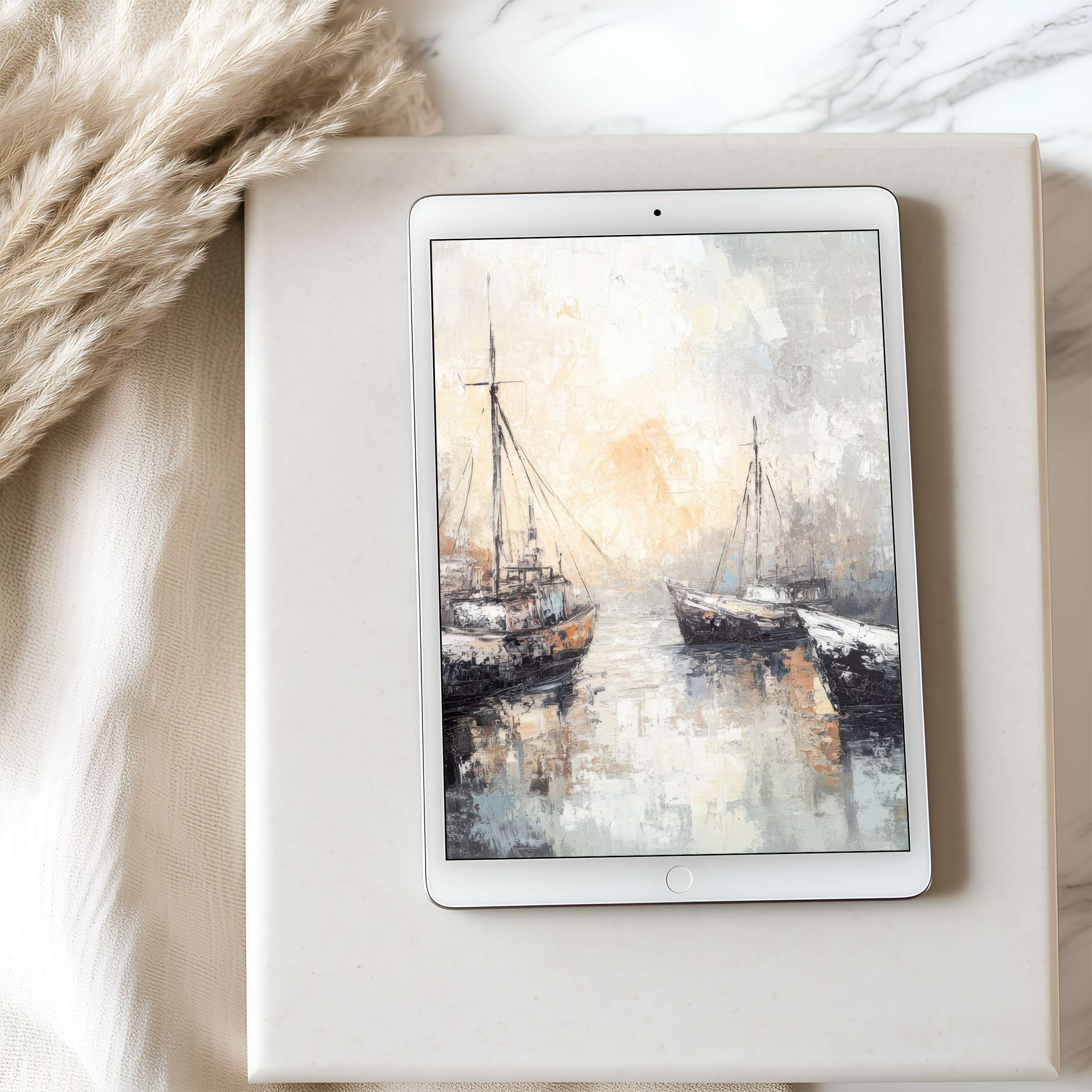 Serene tablet wallpaper features boats in hazy pastel tones for high resolution iPad or Android use, promoting tranquility and style