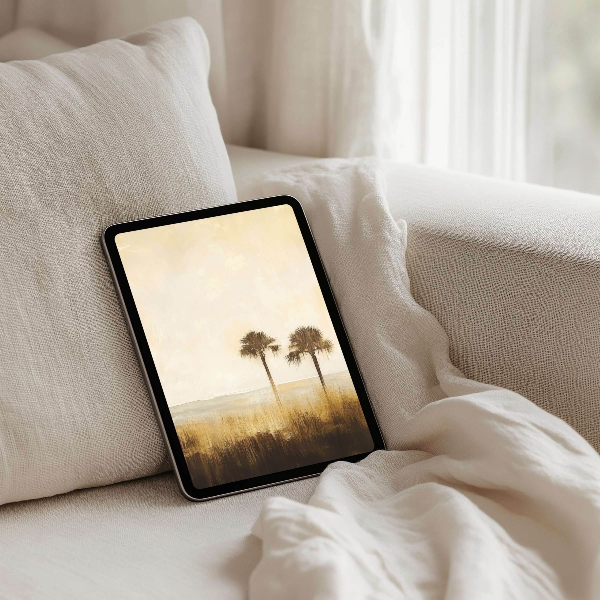 Serene iPad background with elegant palm trees in soft beige tones for instant download on your tablet, inspiring calm and mindfulness