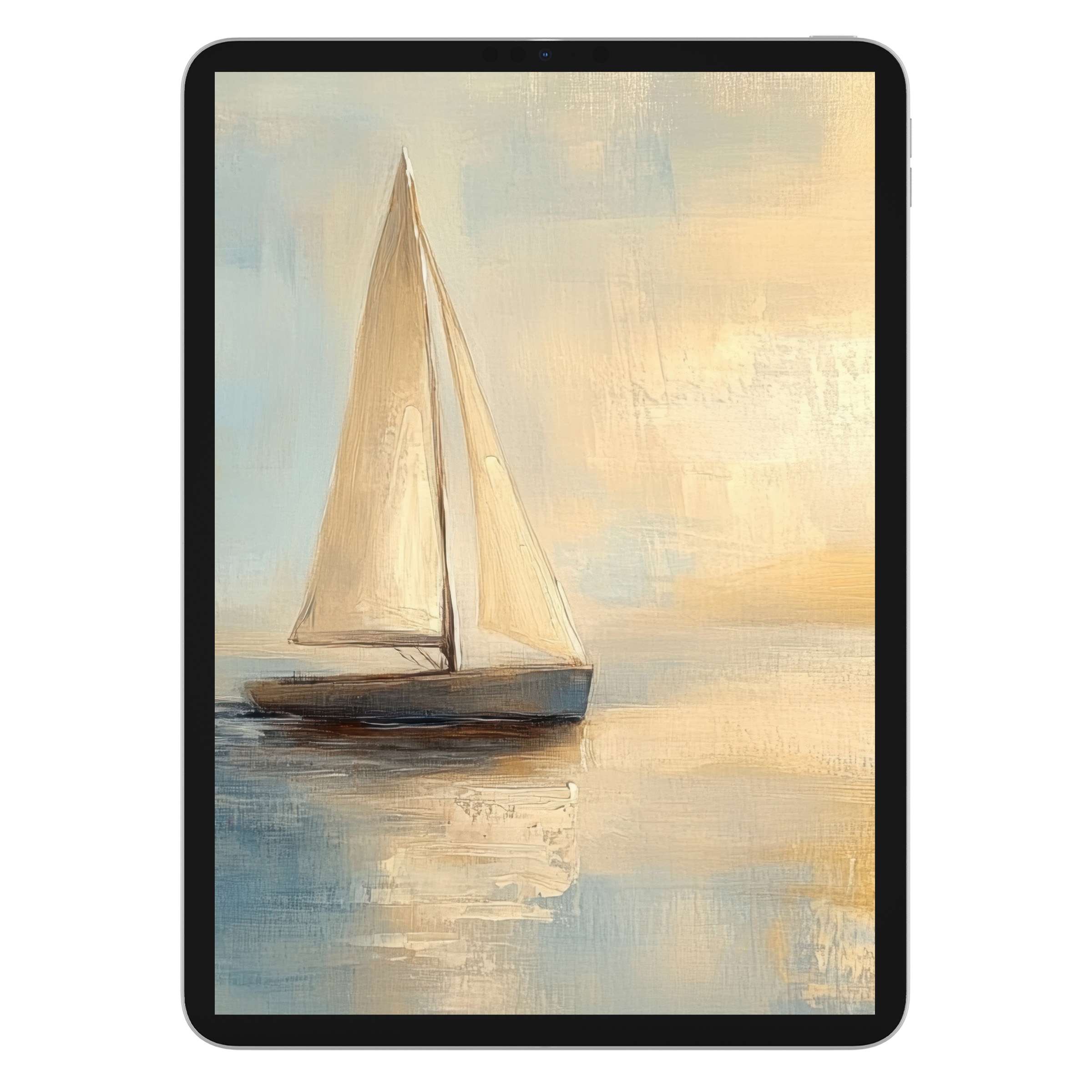 Elegant coastal iPad wallpaper featuring a serene sailboat with soft pastels, perfect digital download for tablet background tranquility