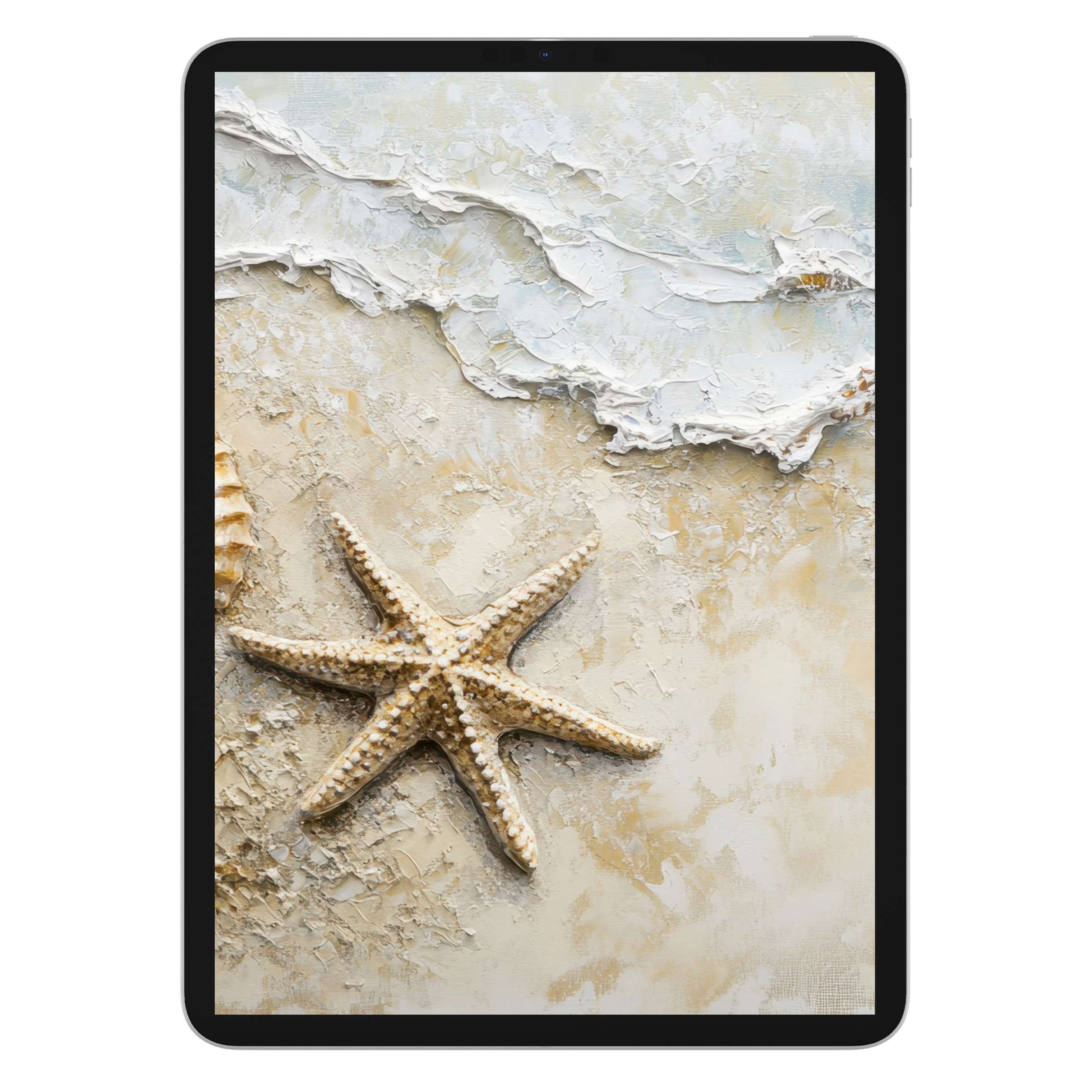 Coastal iPad wallpaper offers a serene digital download with textured waves and starfish in neutral tones for elegant tablet backgrounds