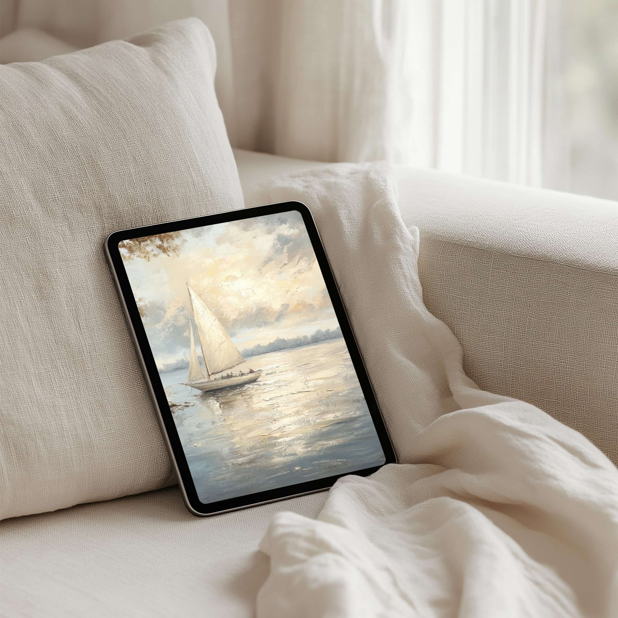 Elegant iPad background featuring a serene sailboat scene for instant download to enhance tablet screens with calming inspiration