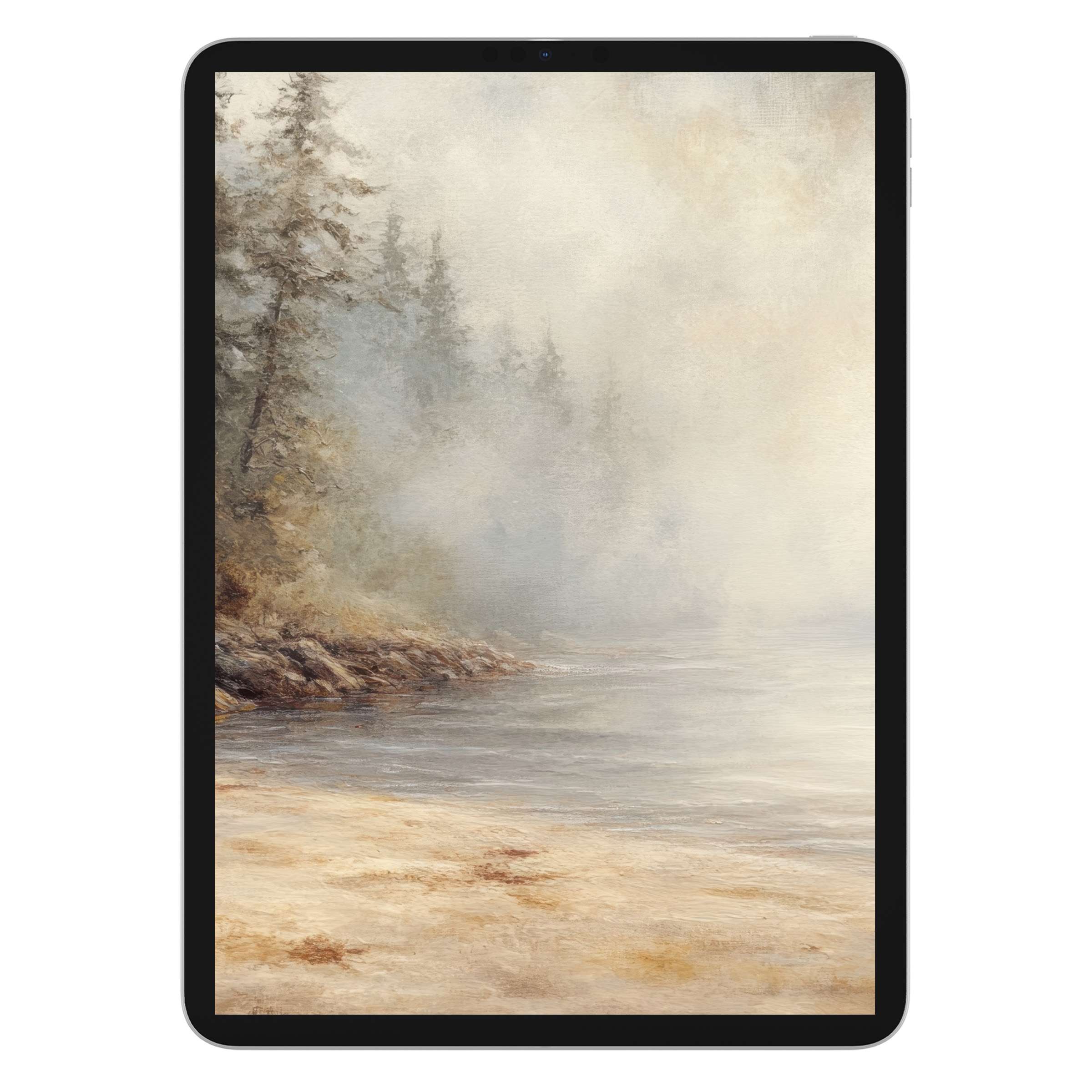 Misty coastal iPad wallpaper with serene watercolor landscape evokes calm; perfect digital download for tablet backgrounds