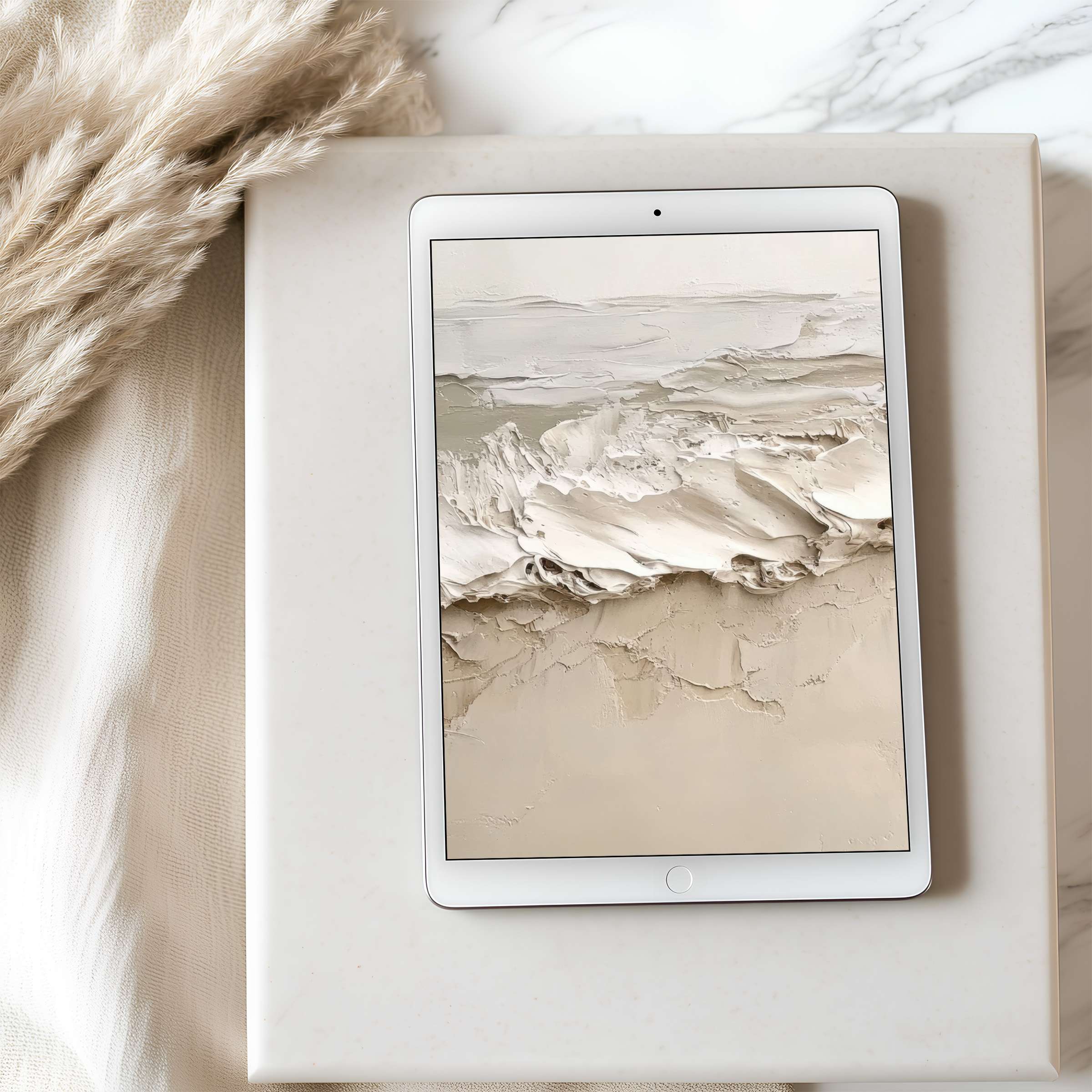 Elegant tablet wallpaper featuring serene beige abstract art on iPad, perfect for high-resolution digital download to inspire calm