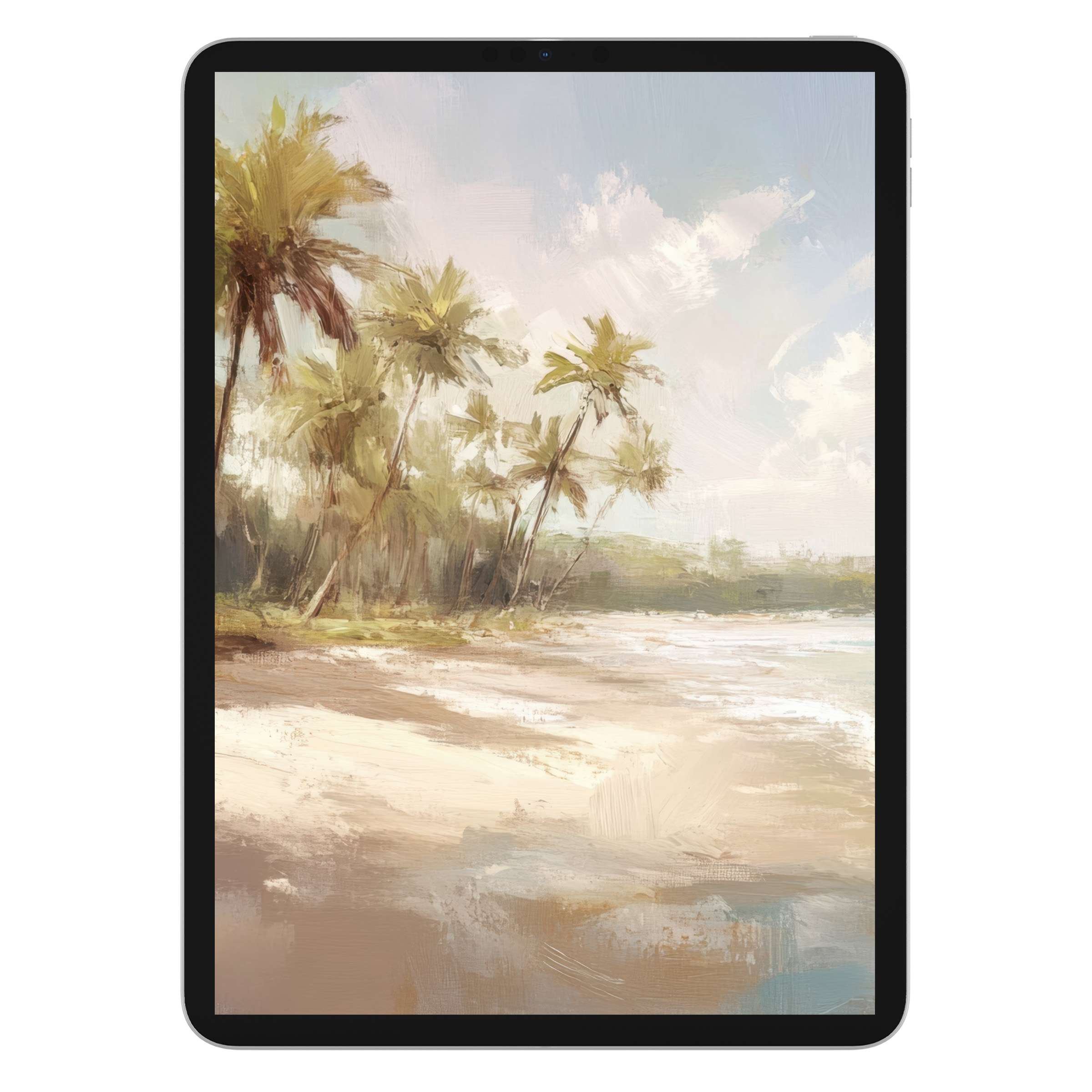 Coastal iPad wallpaper showcasing serene beach scene with palm trees and pastel skies offers digital download for tablet background elegance