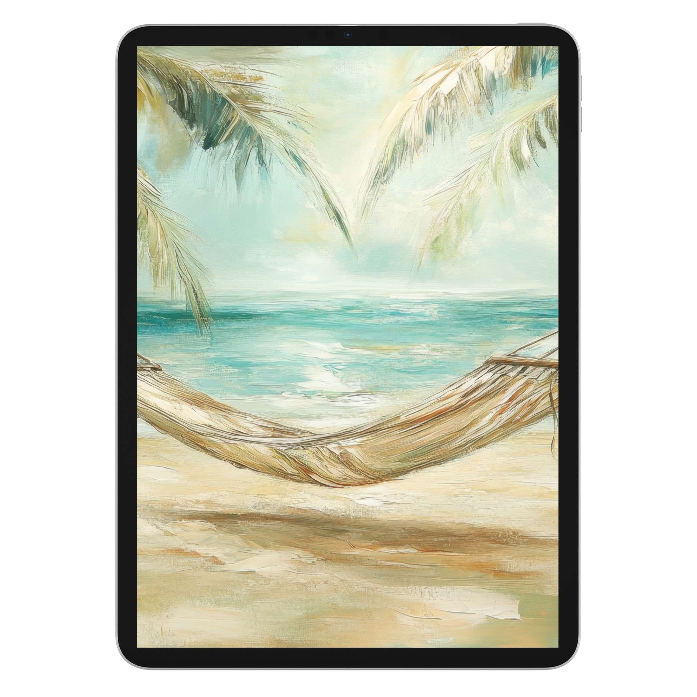 Coastal iPad wallpaper digital download with serene beach scene; calming pastel tones perfect for tablet background on any device