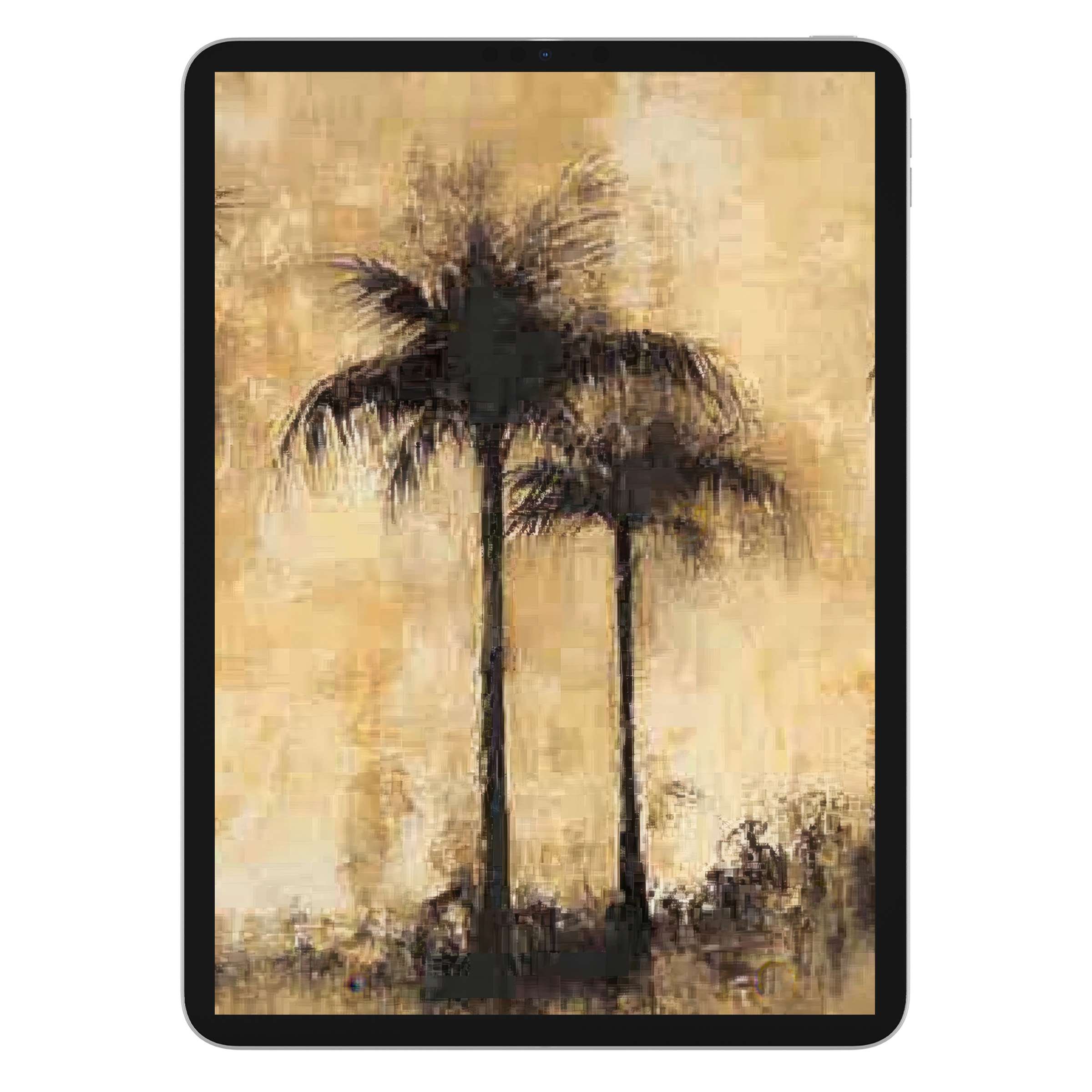 Elegant digital download featuring a coastal iPad wallpaper with palm silhouettes on a textured sandy background for tablets