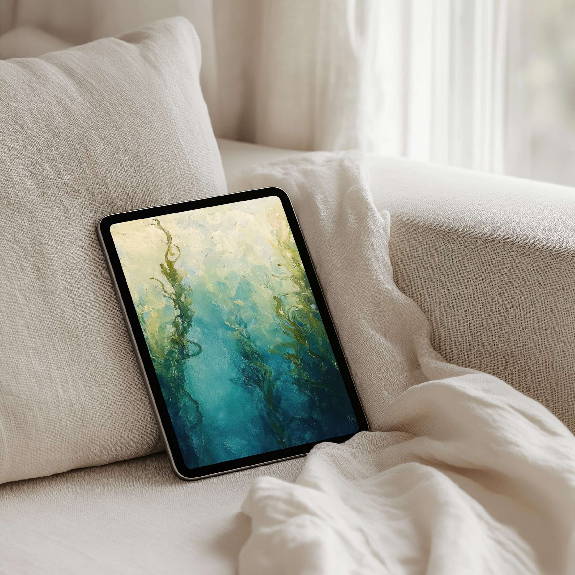 Elegant abstract blue-green iPad background evoking calm on a linen couch perfect for instant download to any tablet device