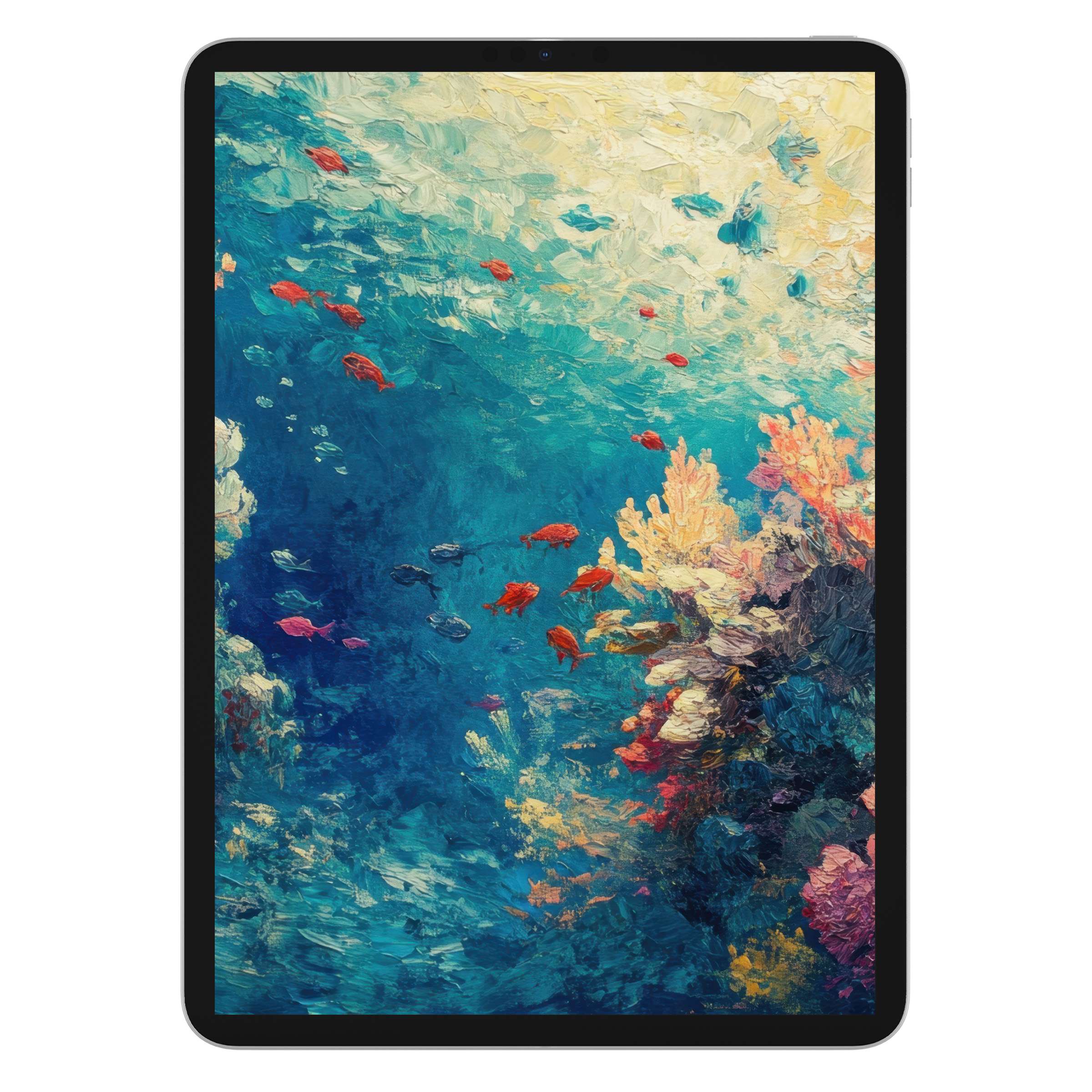 Coastal iPad wallpaper featuring vibrant coral reef art in blue and orange tones perfect for tablet background and digital download