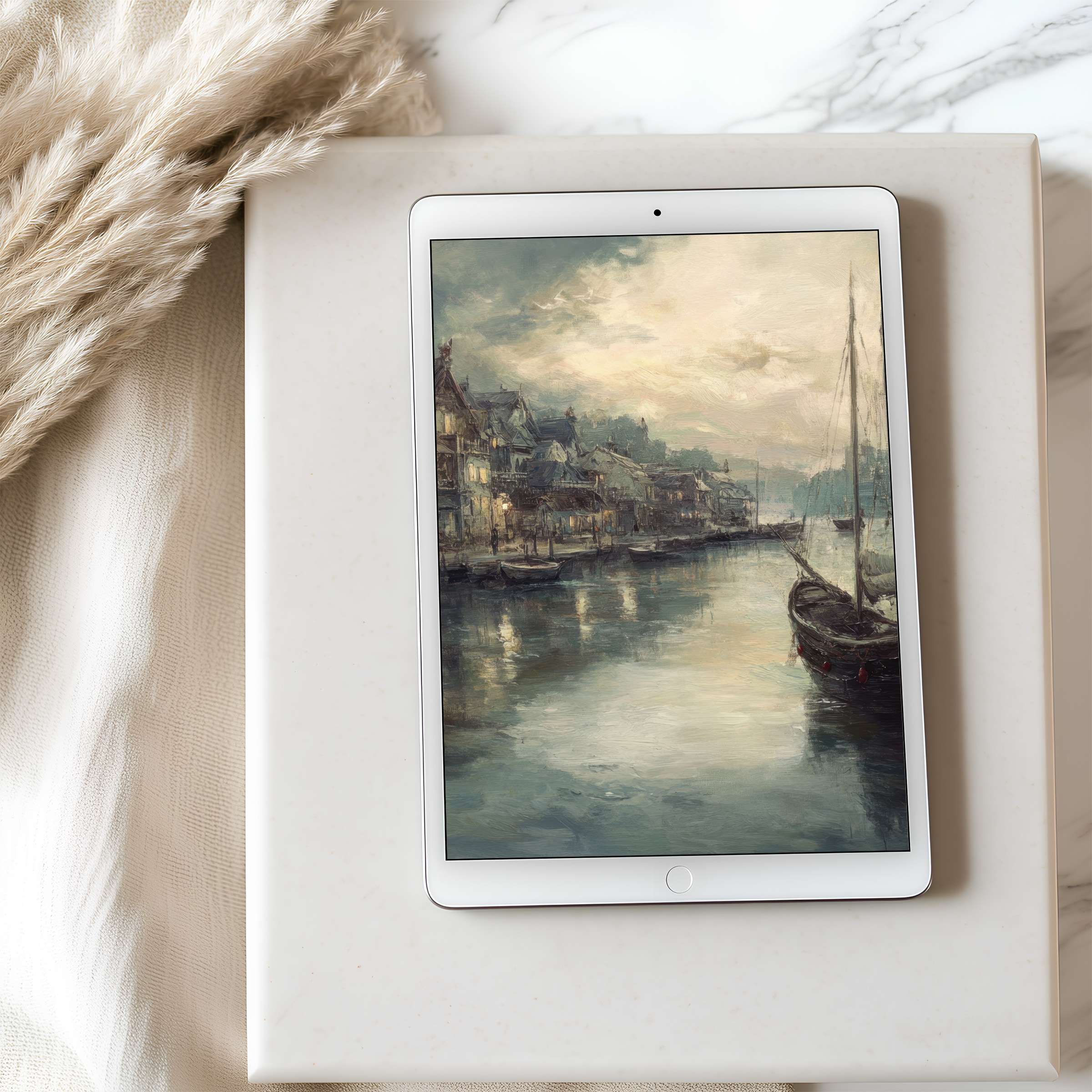 Curated tablet wallpaper featuring serene, impressionistic harbor scene in muted tones, perfect for high-resolution iPad and Android downloads