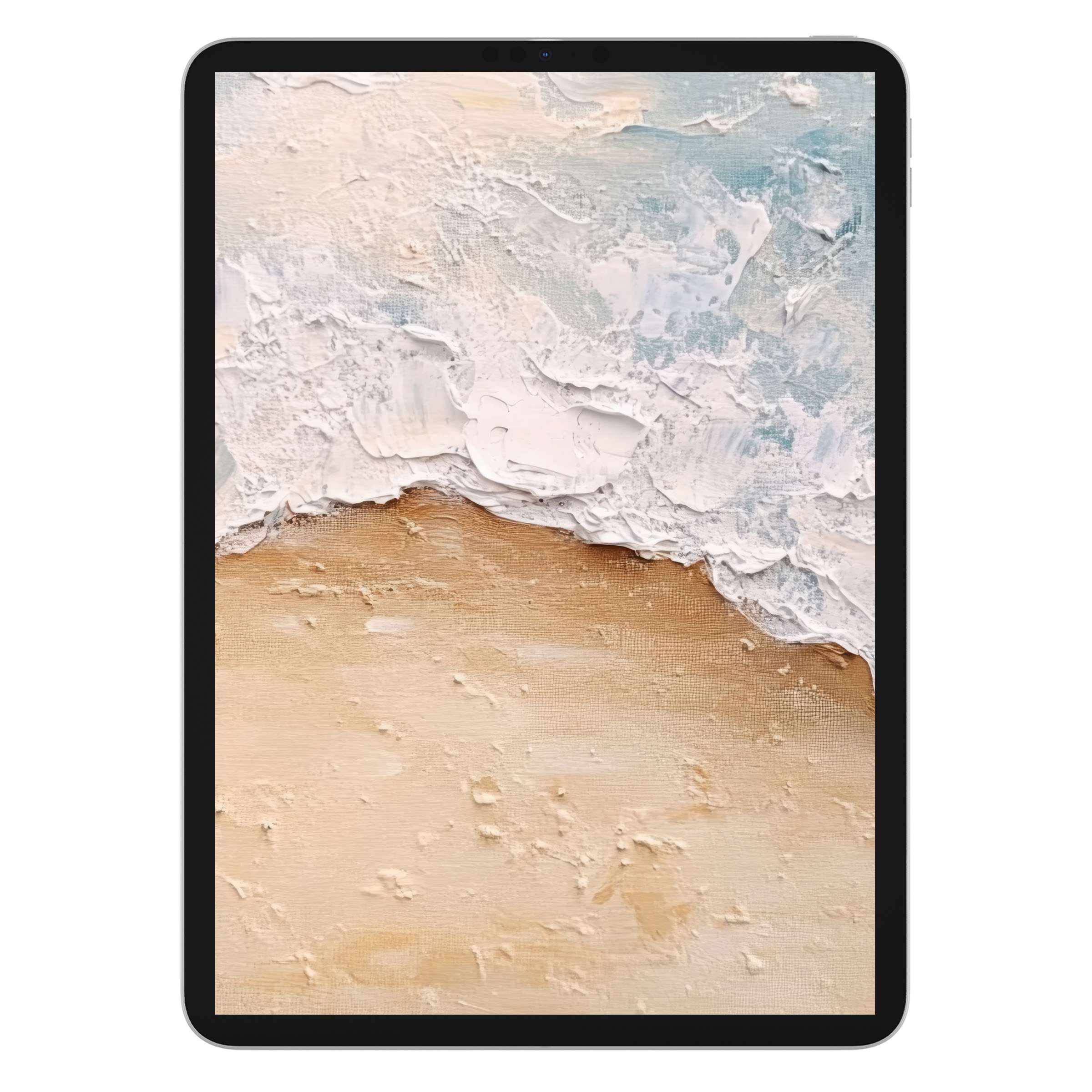 Coastal iPad wallpaper and digital download featuring textured beach waves in soothing beige and blue for elegant tablet background