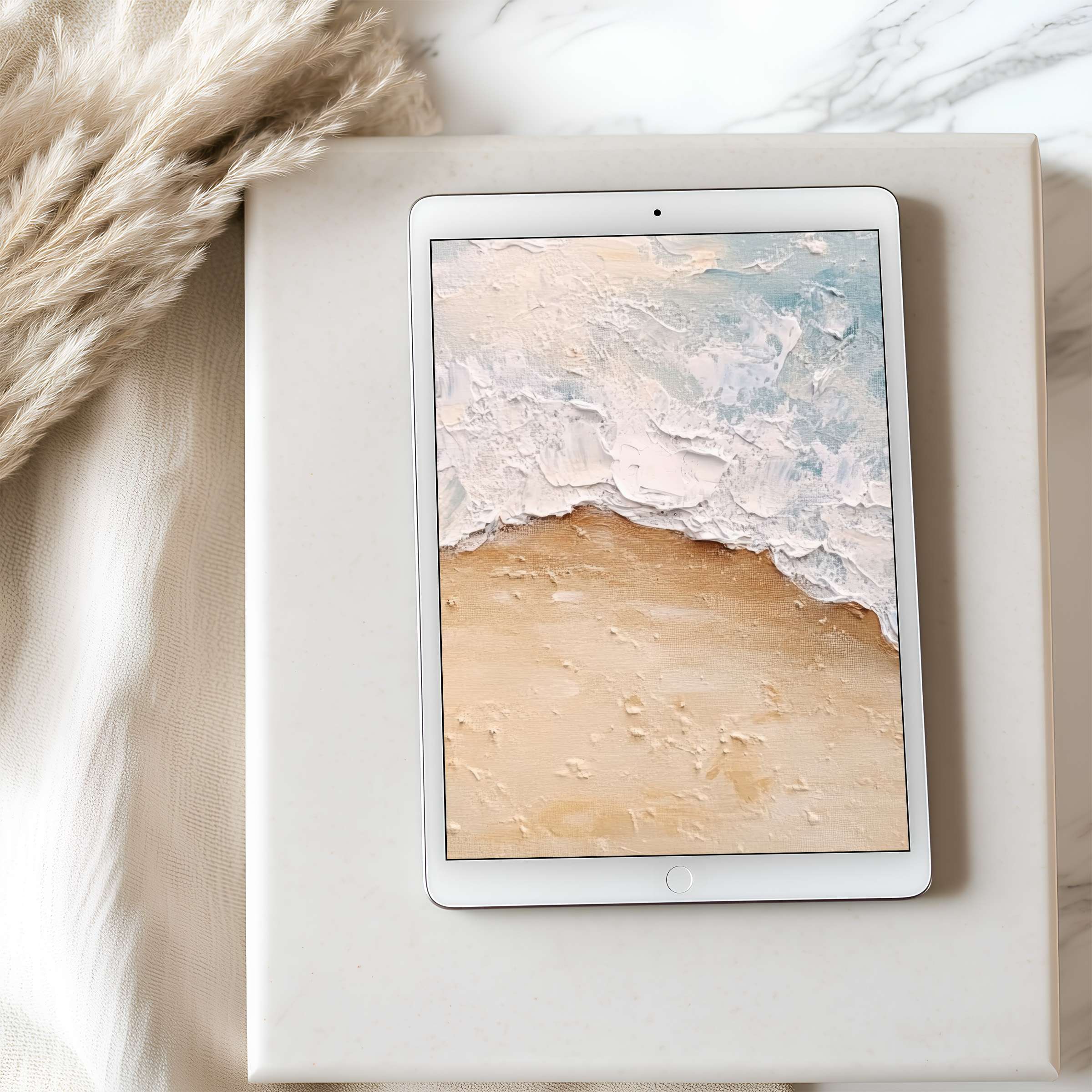 Elegant abstract coastal scene tablet wallpaper featuring serene beige and blue tones ideal for iPad with high resolution digital download