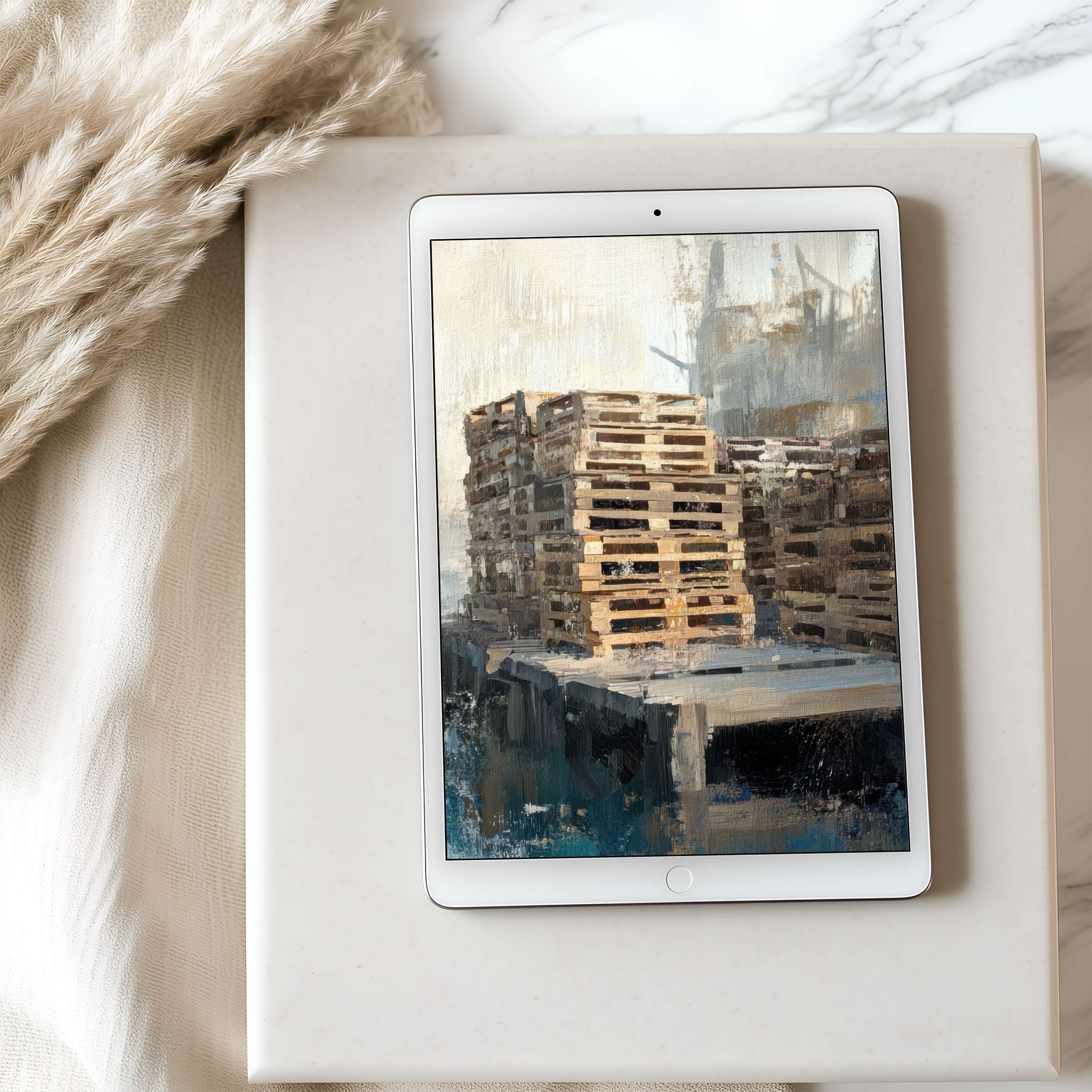 Intriguing tablet wallpaper showcasing abstract urban textures in warm neutrals, ideal for high resolution iPad, Android download