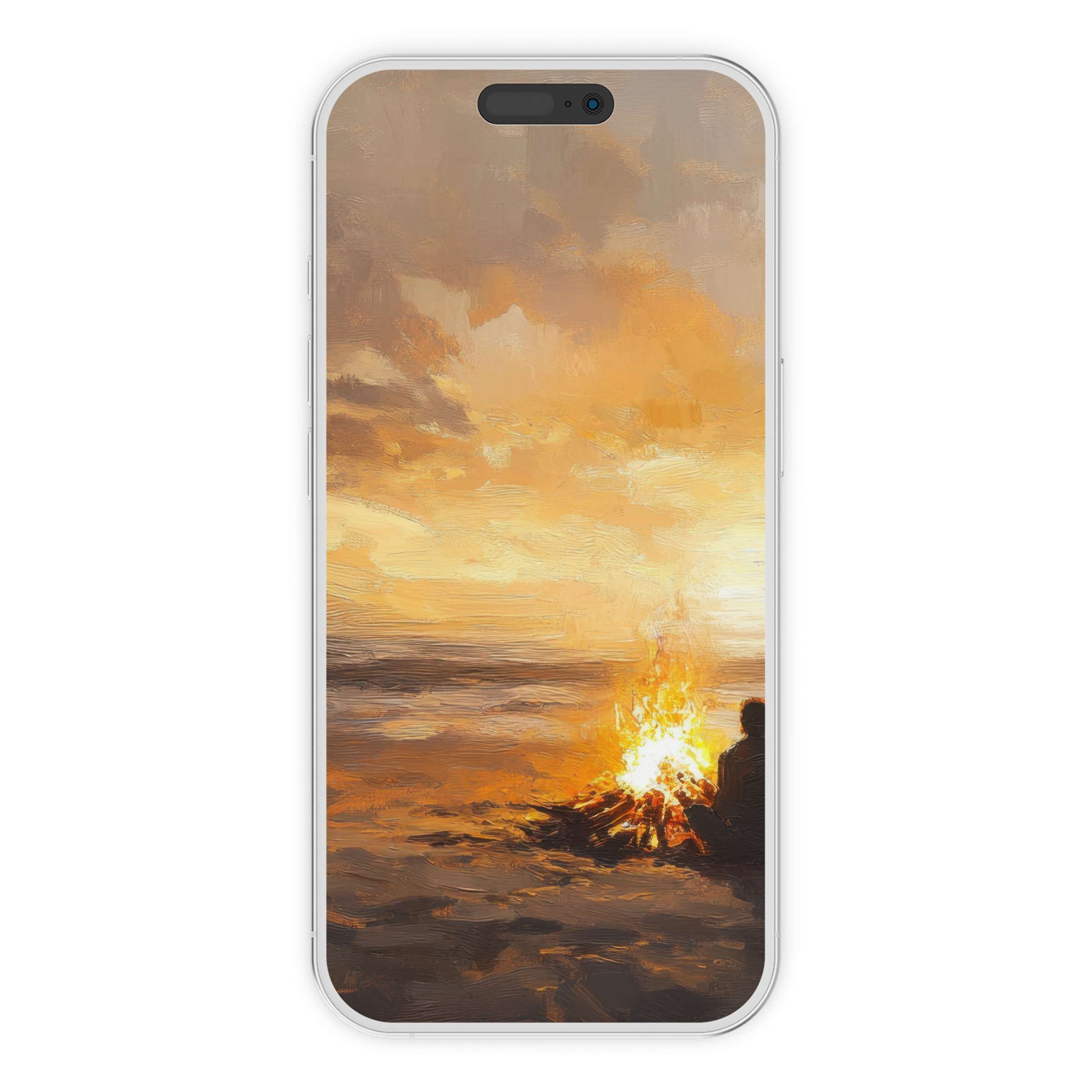 Coastal iPhone wallpaper digital download in warm sunset hues with a bonfire scene phone background perfect for artistic tranquility