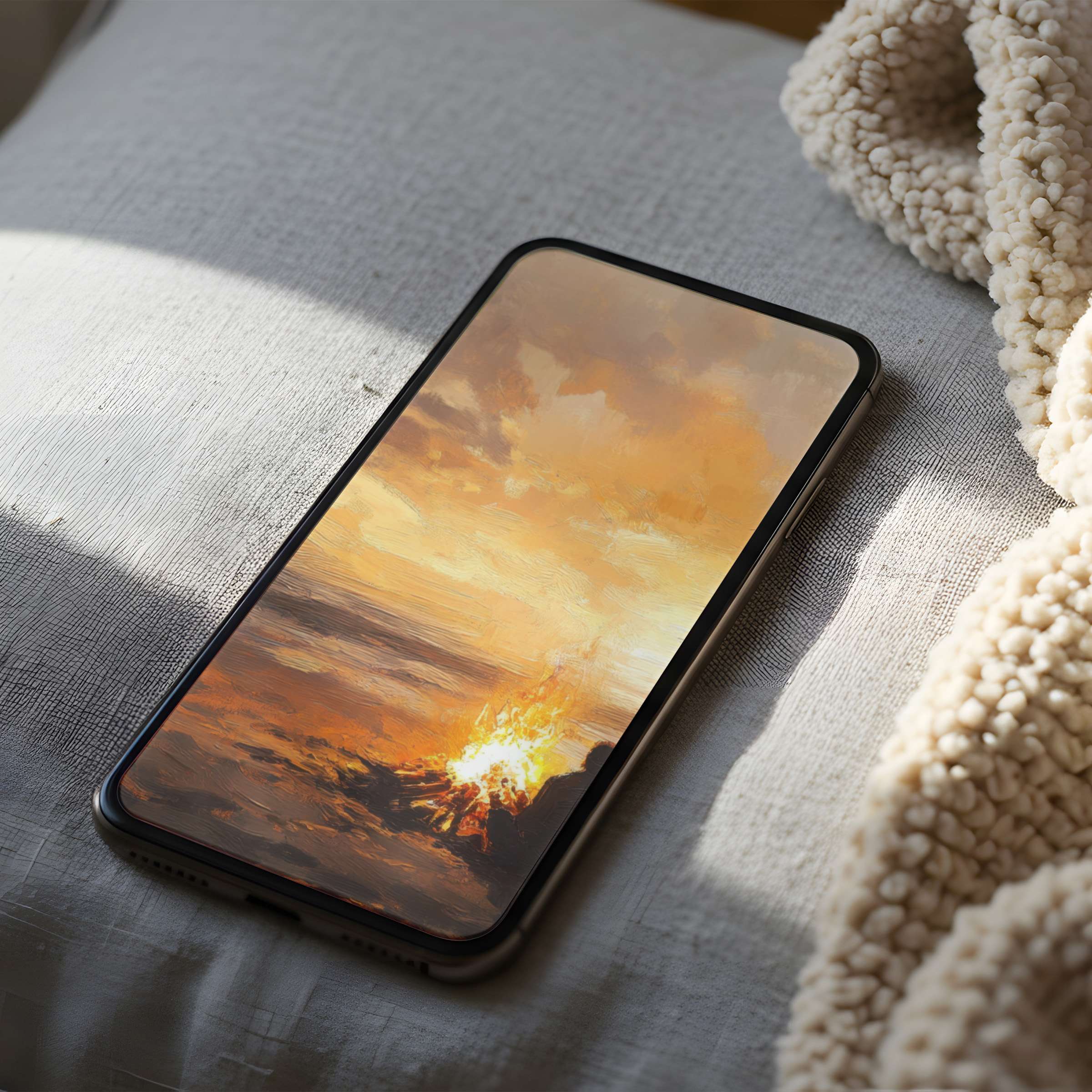 Elegant phone wallpaper featuring a serene sunset over ocean waves in high resolution adds tranquility to any digital device interior setting